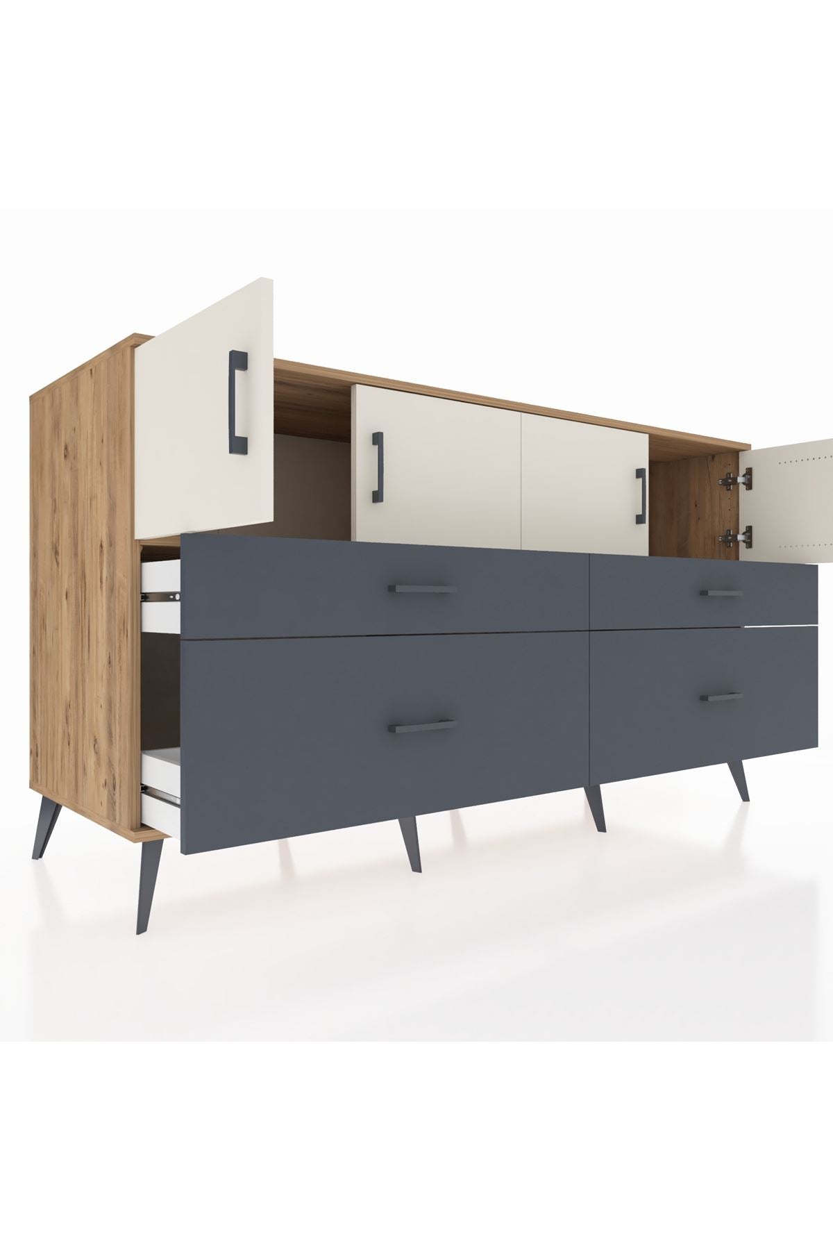 Kronos Konsol 2 Raflı 4 Çekmeceli 4 Kapaklı 176x59x99 Çam-Aytaşı/Antrasit