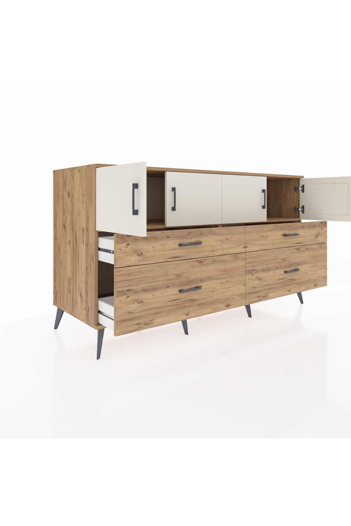 Kronos Konsol 2 Raflı 4 Çekmeceli 4 Kapaklı 176x59x99 Çam-Aytaşı/Çam