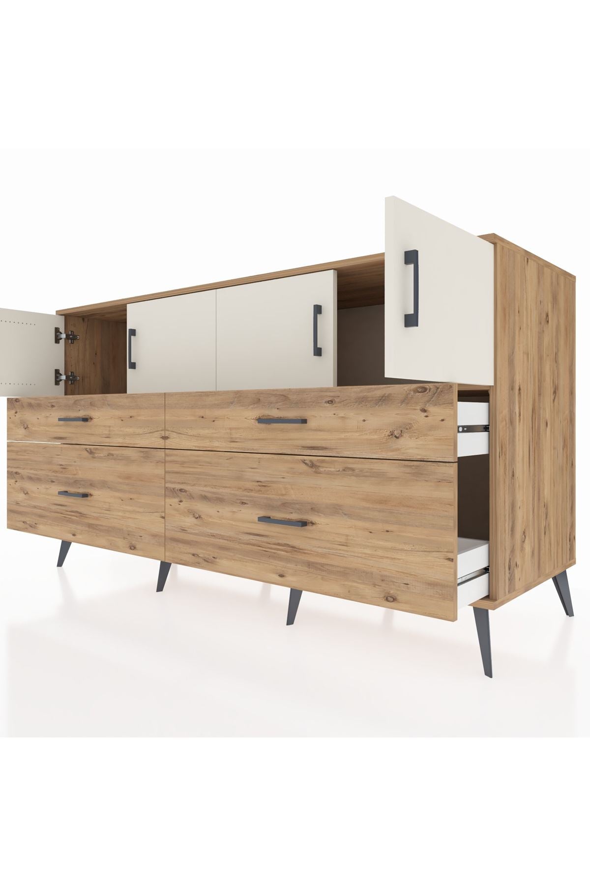 Kronos Konsol 2 Raflı 4 Çekmeceli 4 Kapaklı 176x59x99 Çam-Aytaşı/Çam