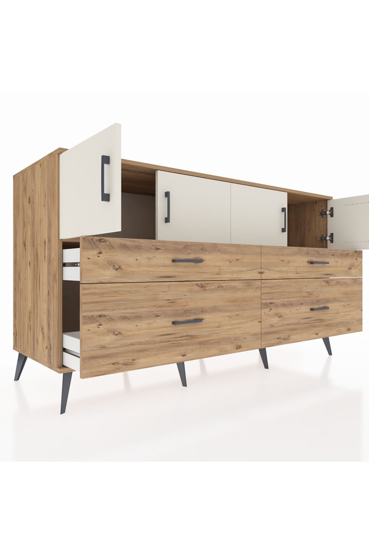 Kronos Konsol 2 Raflı 4 Çekmeceli 4 Kapaklı 176x59x99 Çam-Aytaşı/Çam