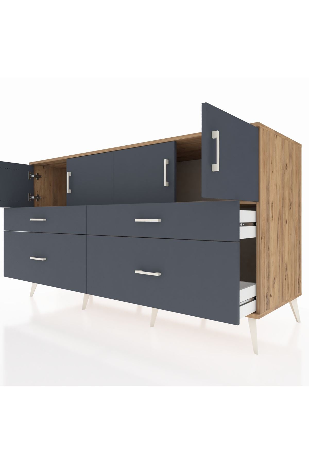 Kronos Konsol 2 Raflı 4 Çekmeceli 4 Kapaklı 176x59x99 Çam-Antrasit