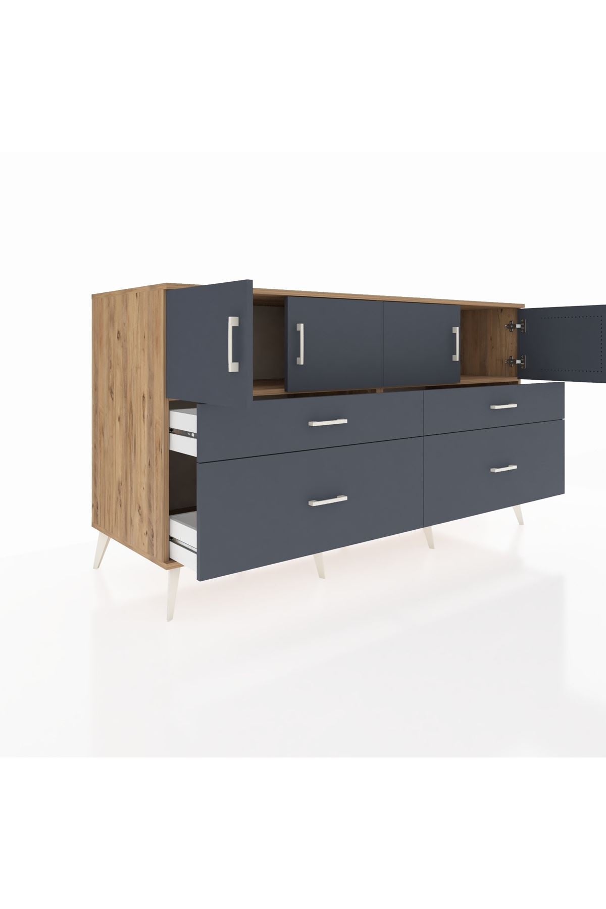 Kronos Konsol 2 Raflı 4 Çekmeceli 4 Kapaklı 176x59x99 Çam-Antrasit