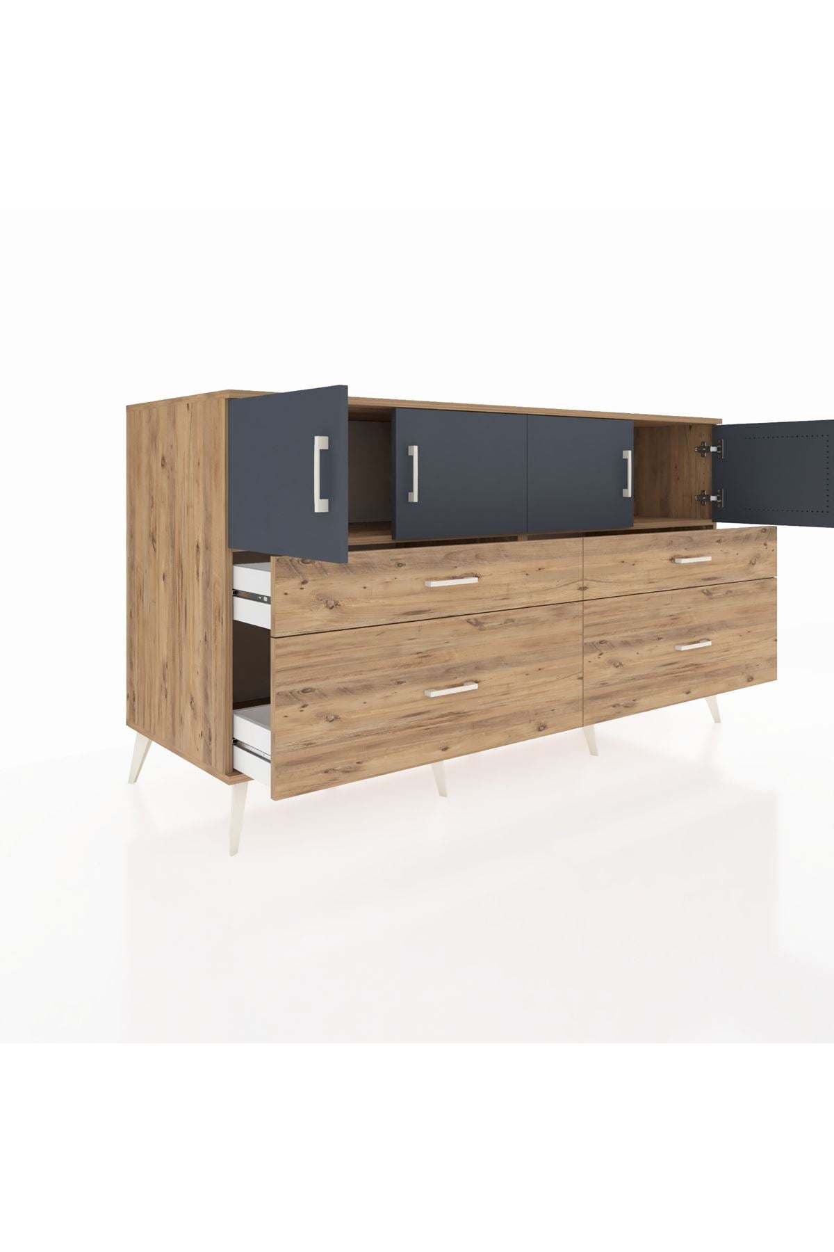 Kronos Konsol 2 Raflı 4 Çekmeceli 4 Kapaklı 176x59x99 Çam-Antrasit/Çam