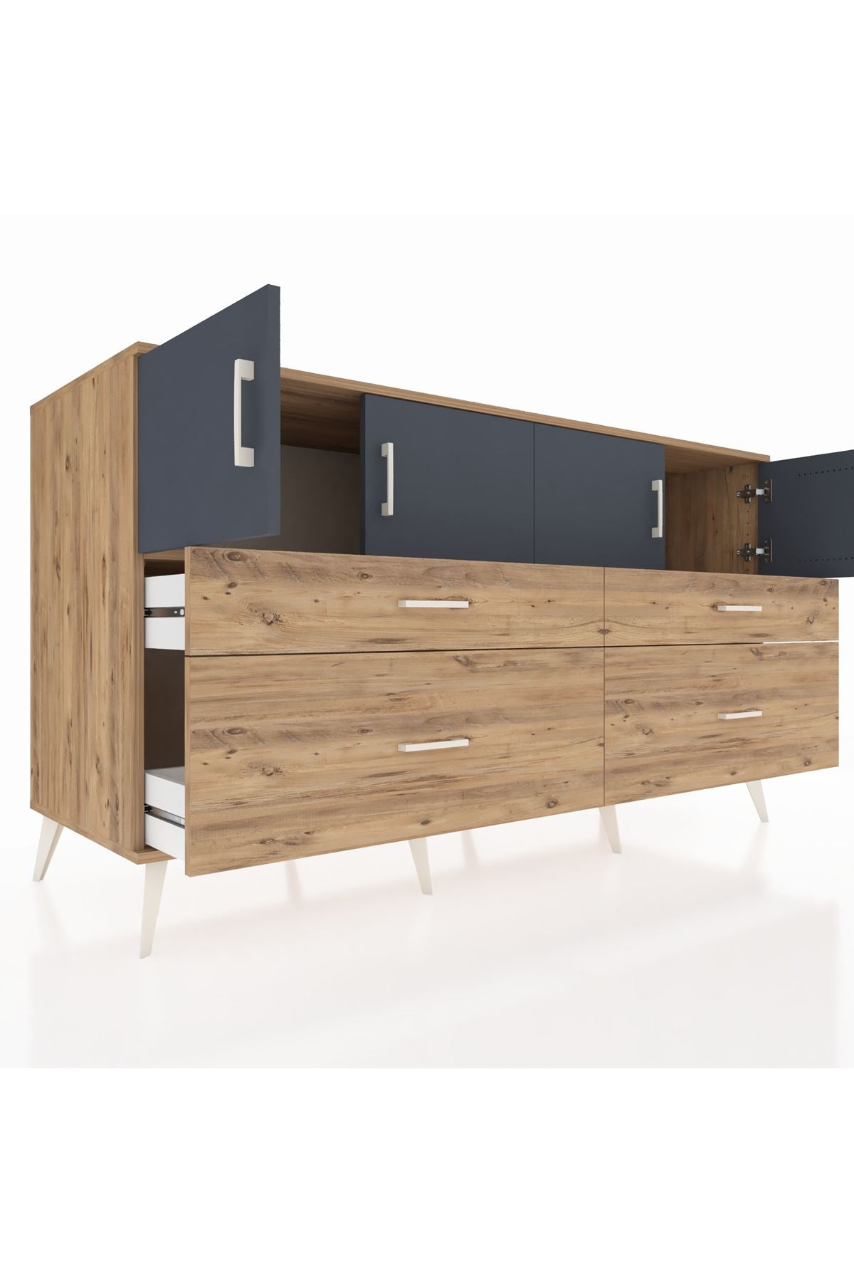 Kronos Konsol 2 Raflı 4 Çekmeceli 4 Kapaklı 176x59x99 Çam-Antrasit/Çam