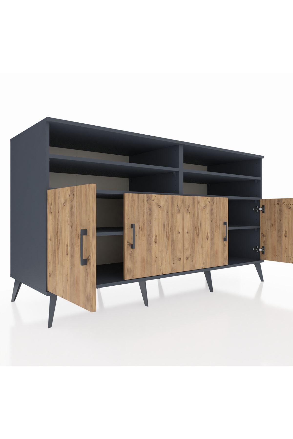 Kronos Konsol 6 Raflı 4 Kapaklı 176x59x99 Antrasit-Çam/Antrasit