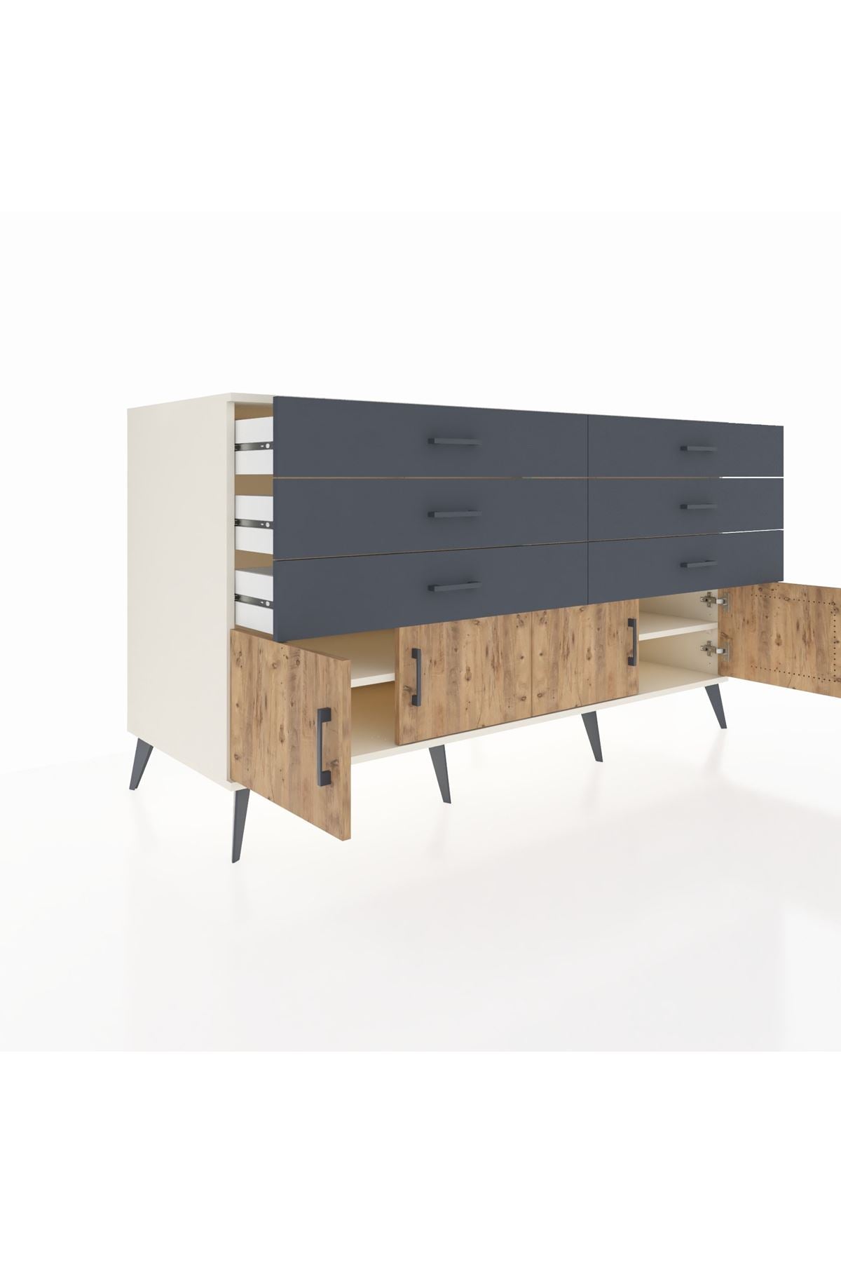 Kronos Konsol 2 Raflı 6 Çekmeceli 4 Kapaklı 176x59x99 Aytaşı-Çam/Antrasit