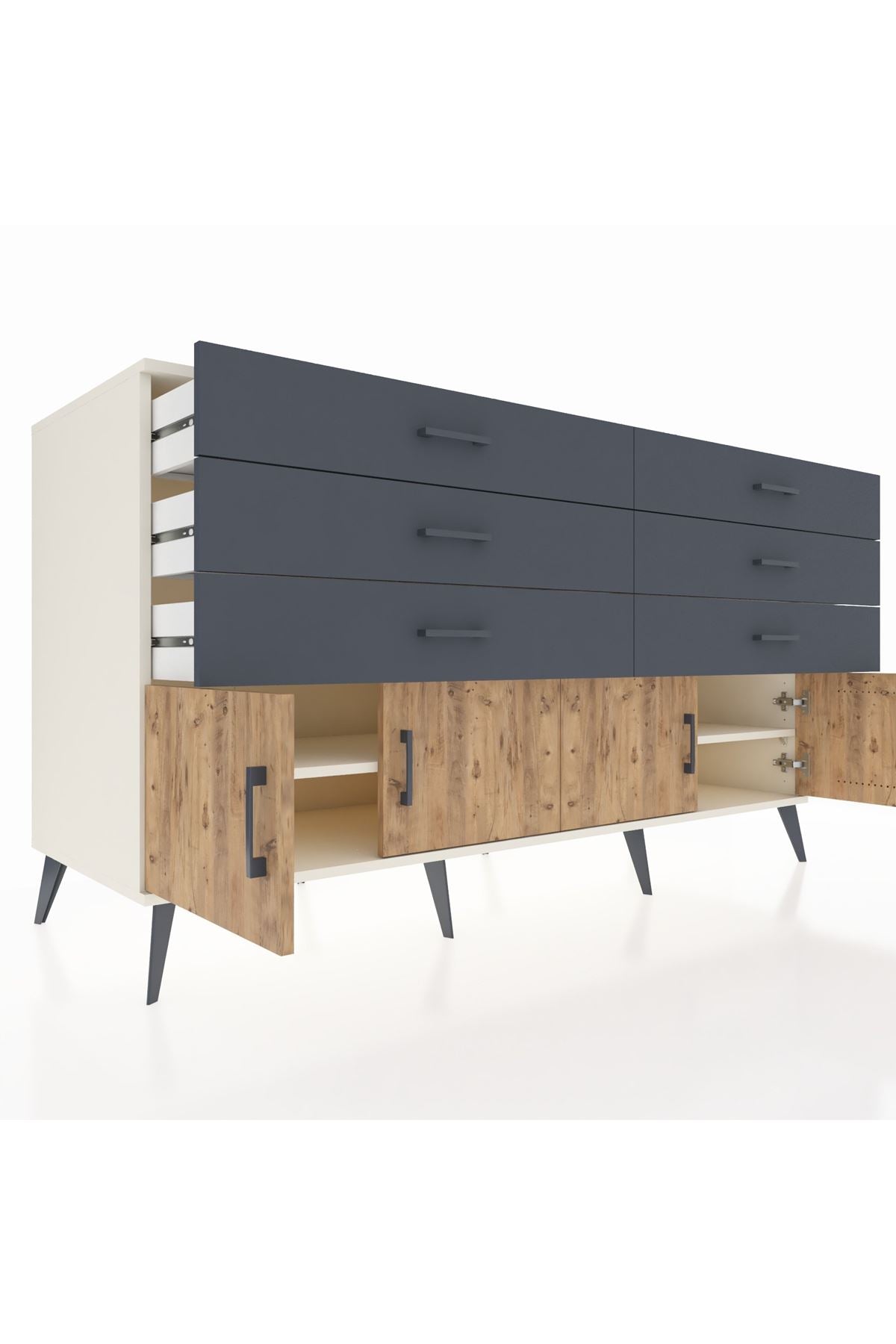 Kronos Konsol 2 Raflı 6 Çekmeceli 4 Kapaklı 176x59x99 Aytaşı-Çam/Antrasit