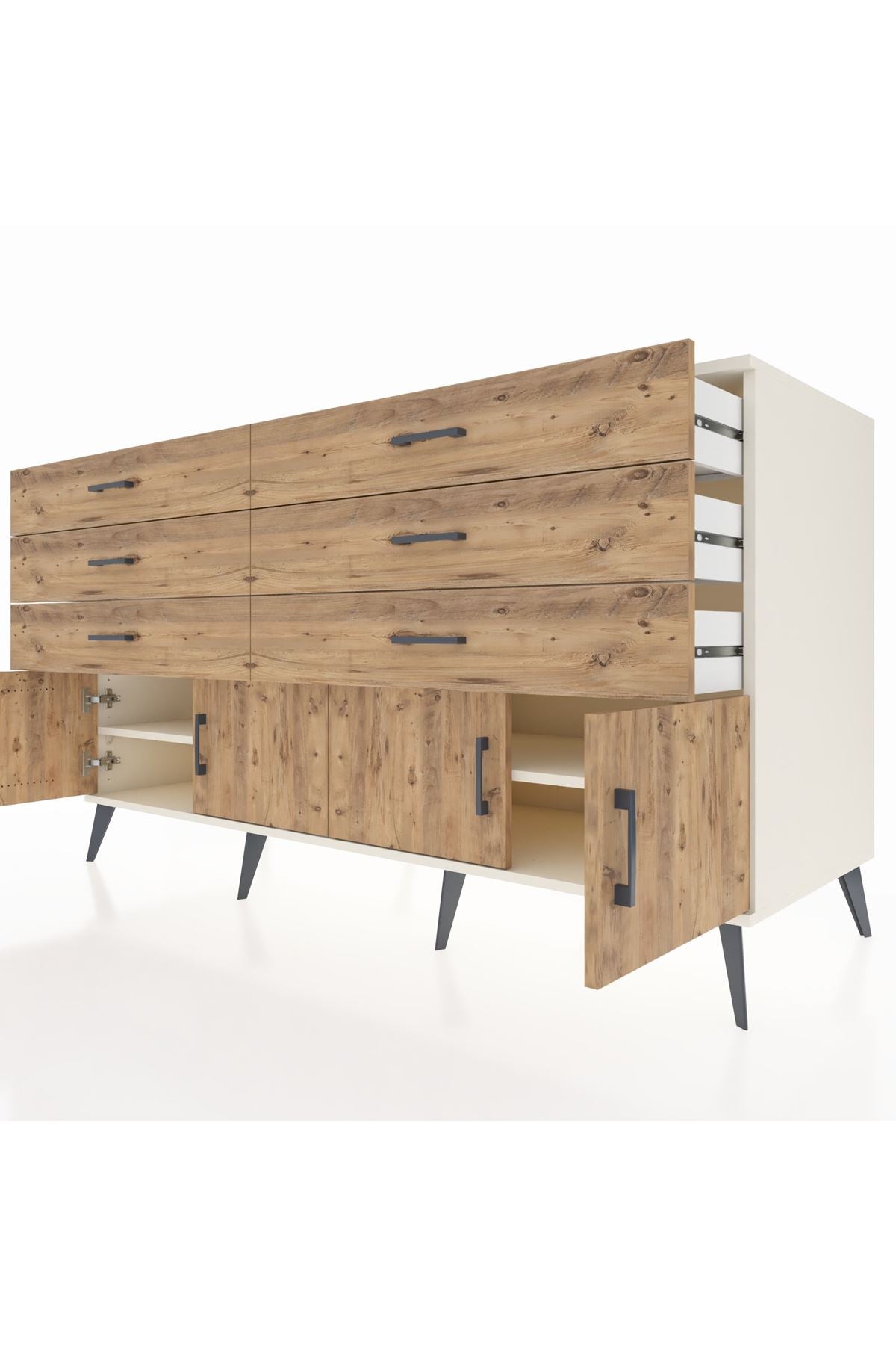 Kronos Konsol 2 Raflı 6 Çekmeceli 4 Kapaklı 176x59x99 Aytaşı-Çam