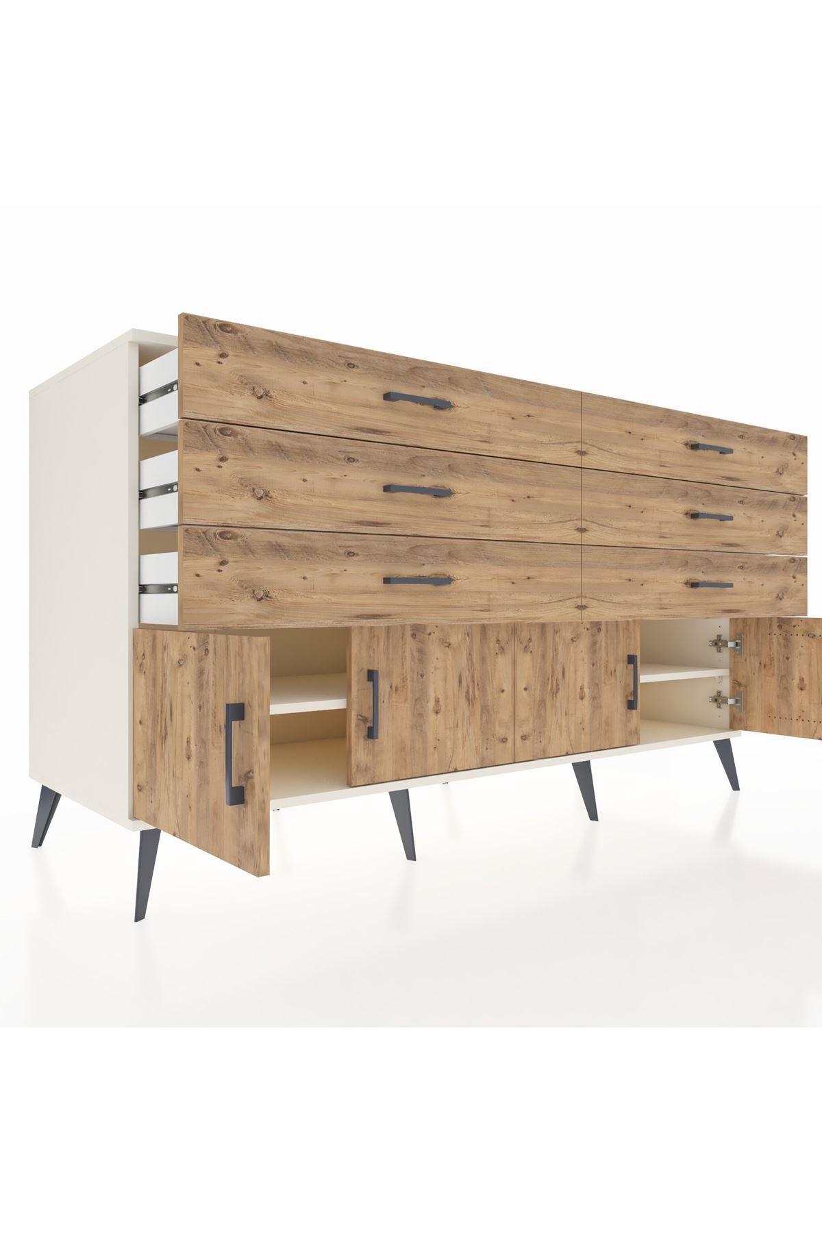 Kronos Konsol 2 Raflı 6 Çekmeceli 4 Kapaklı 176x59x99 Aytaşı-Çam