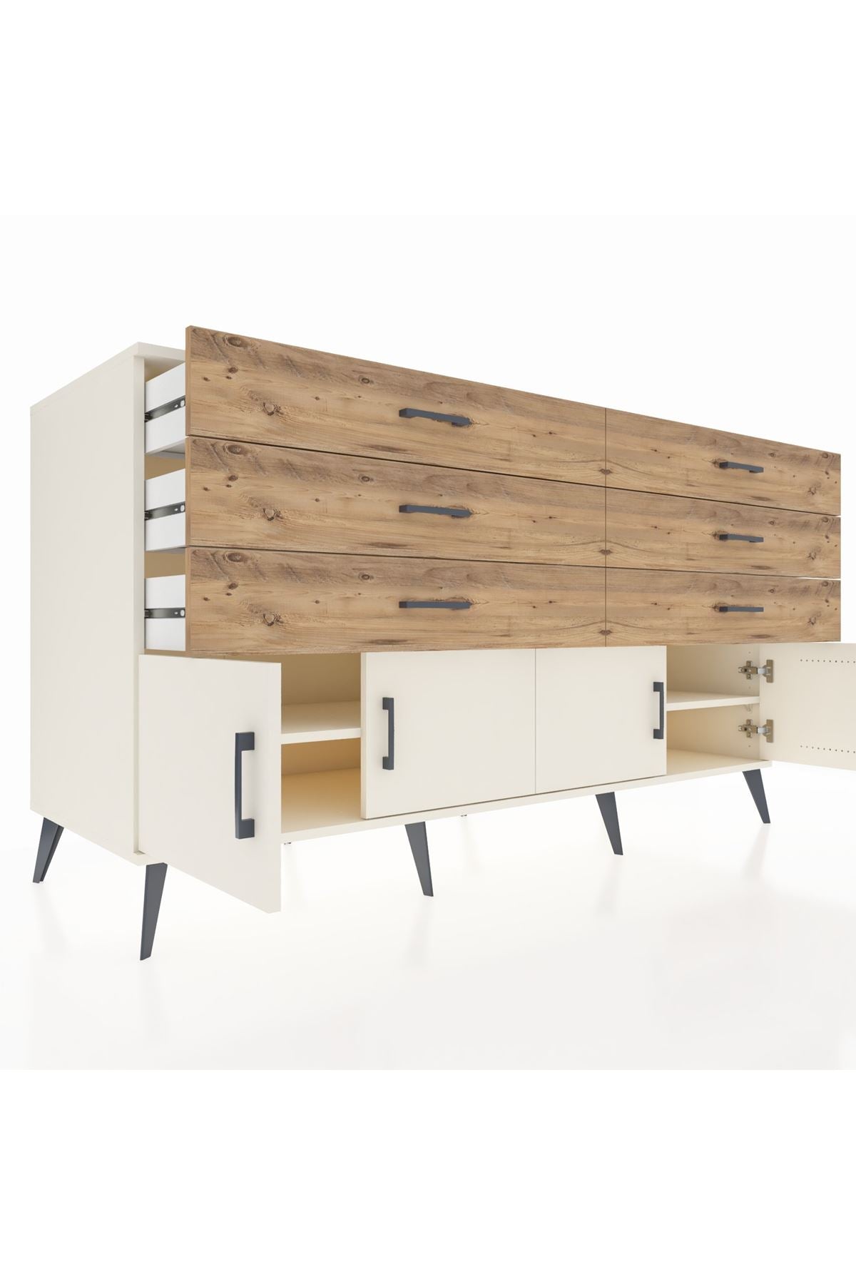 Kronos Konsol 2 Raflı 6 Çekmeceli 4 Kapaklı 176x59x99 Aytaşı-Aytaşı/Çam