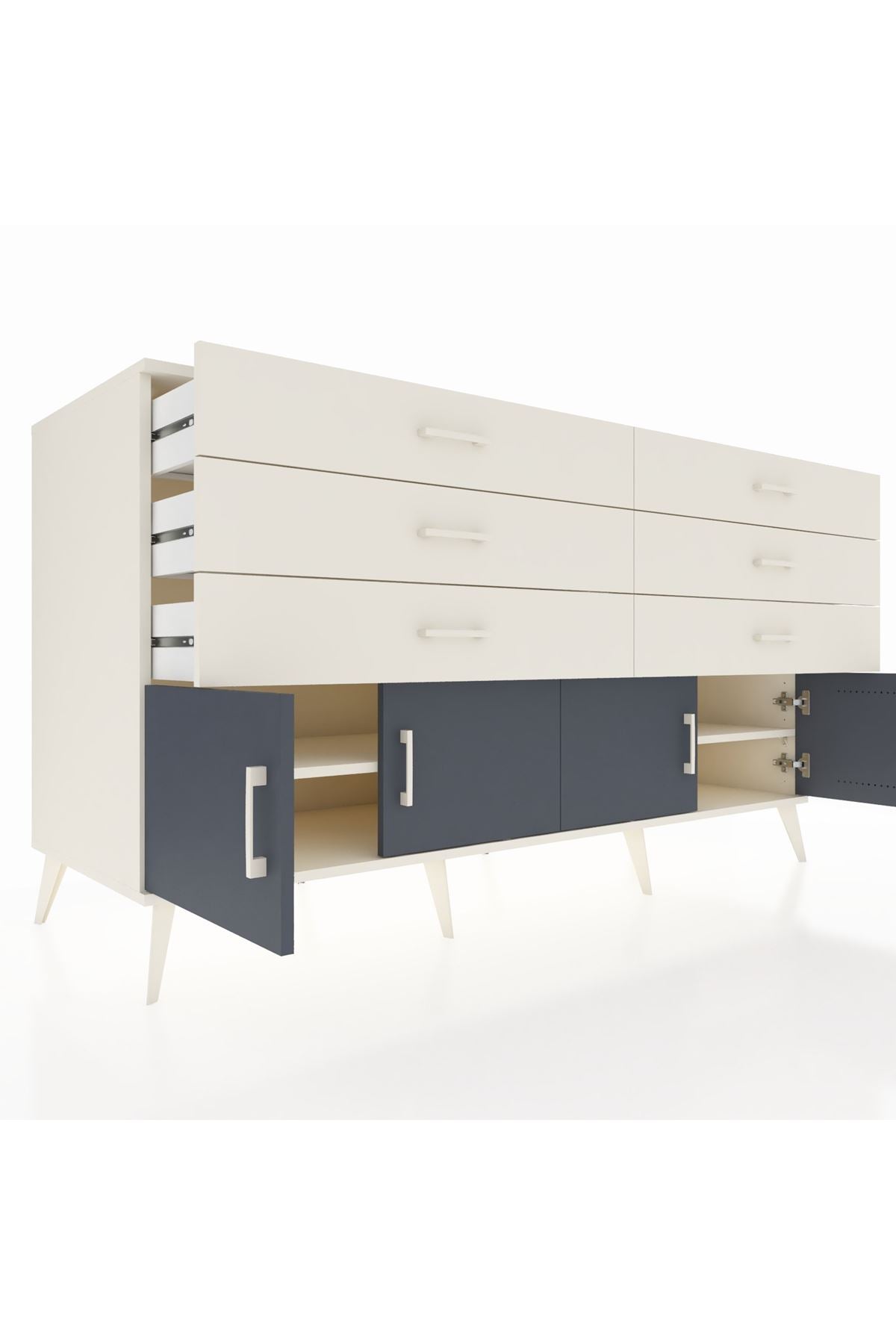 Kronos Konsol 2 Raflı 6 Çekmeceli 4 Kapaklı 176x59x99 Aytaşı-Antrasit/Aytaşı