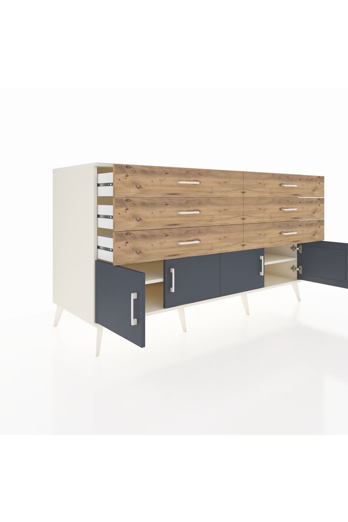 Kronos Konsol 2 Raflı 6 Çekmeceli 4 Kapaklı 176x59x99 Aytaşı-Antrasit/Çam