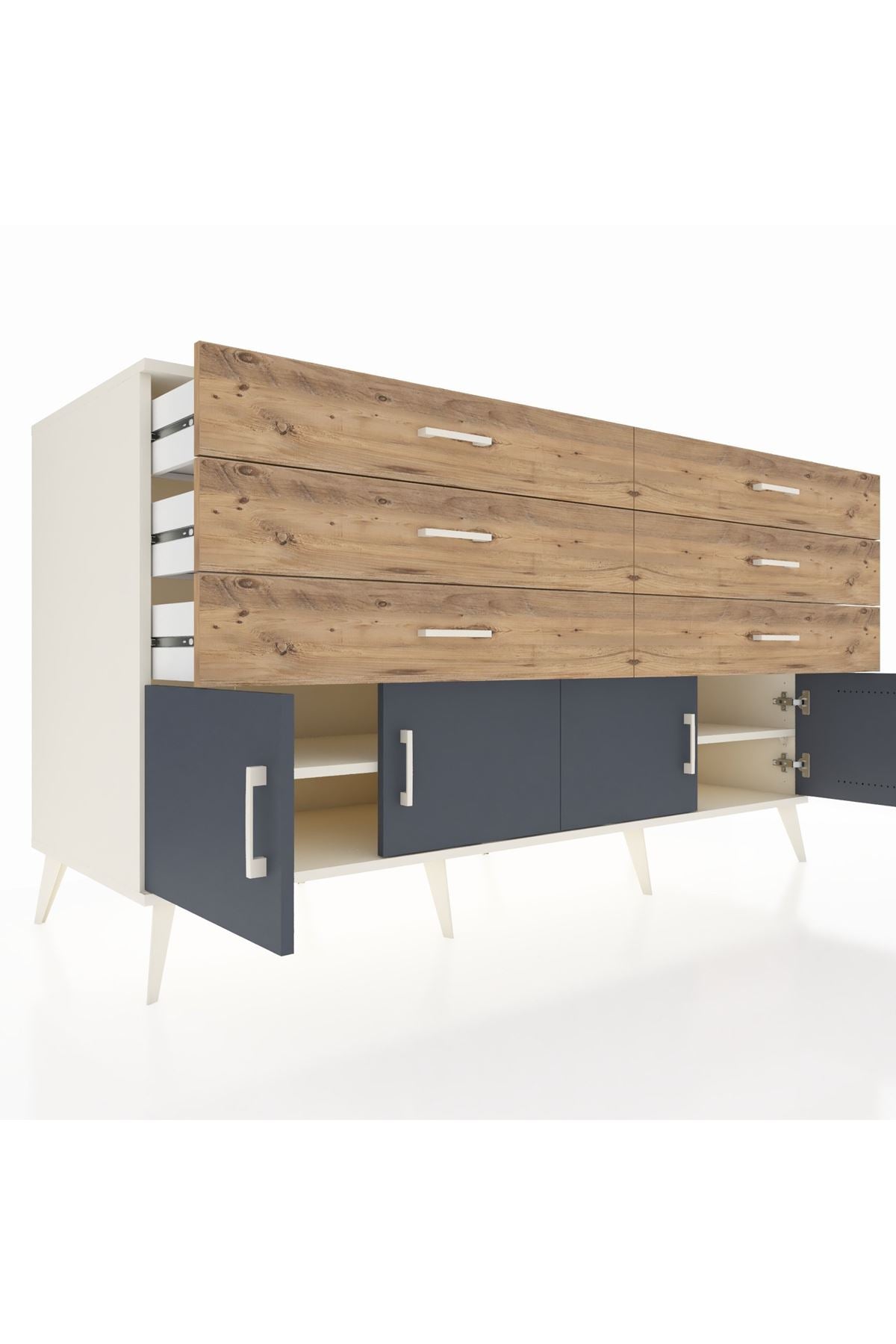 Kronos Konsol 2 Raflı 6 Çekmeceli 4 Kapaklı 176x59x99 Aytaşı-Antrasit/Çam