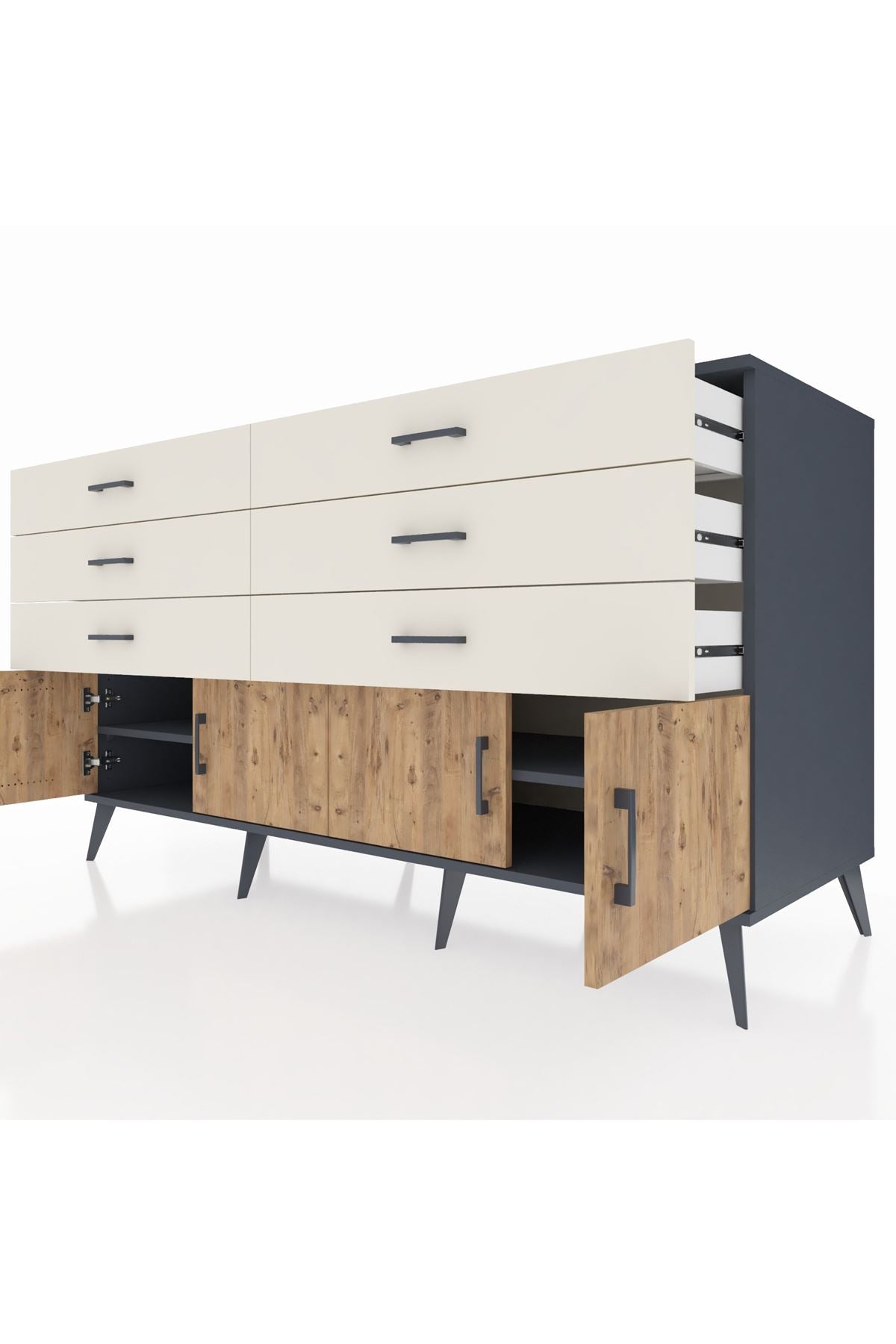 Kronos Konsol 2 Raflı 6 Çekmeceli 4 Kapaklı 176x59x99 Antrasit-Çam/Aytaşı