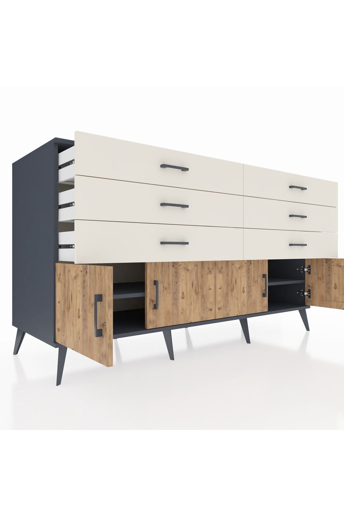 Kronos Konsol 2 Raflı 6 Çekmeceli 4 Kapaklı 176x59x99 Antrasit-Çam/Aytaşı