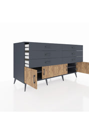 Kronos Konsol 2 Raflı 6 Çekmeceli 4 Kapaklı 176x59x99 Antrasit-Çam/Antrasit