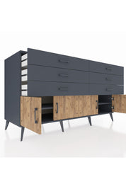 Kronos Konsol 2 Raflı 6 Çekmeceli 4 Kapaklı 176x59x99 Antrasit-Çam/Antrasit