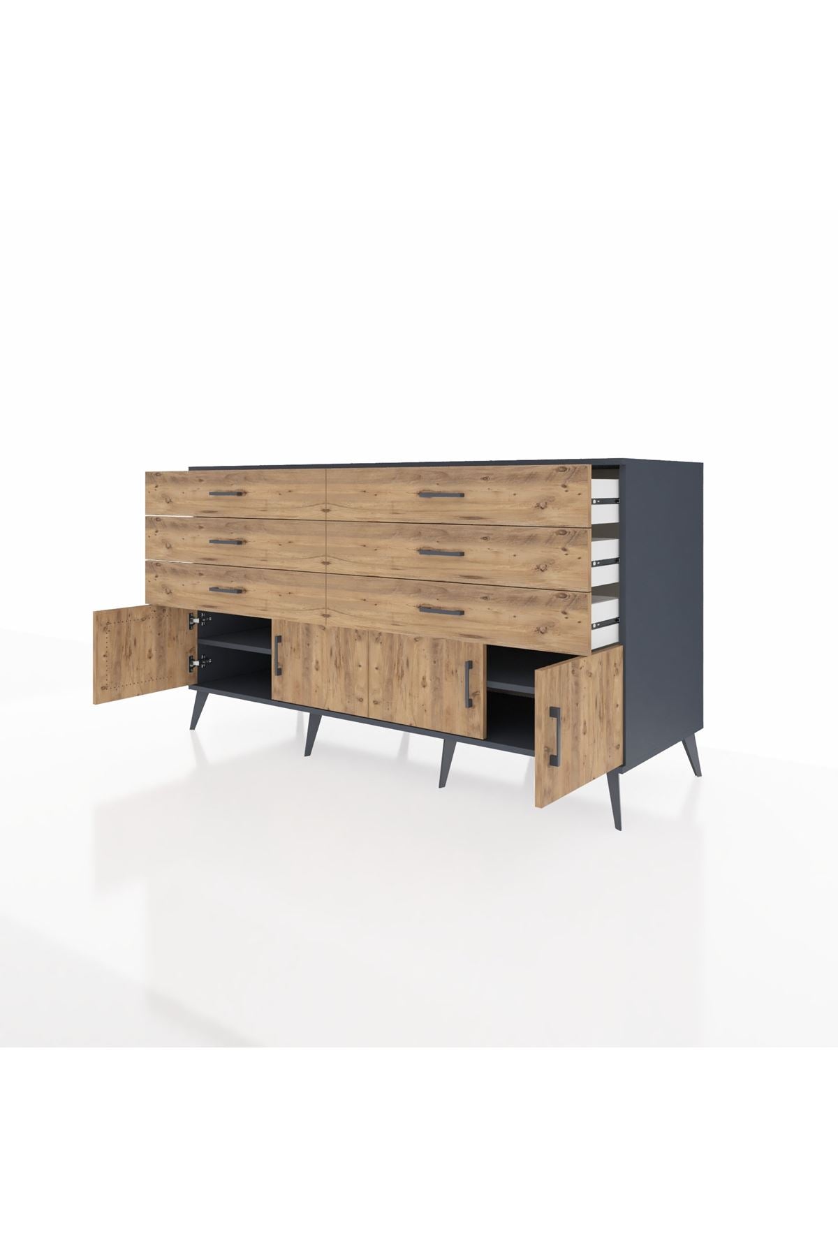 Kronos Konsol 2 Raflı 6 Çekmeceli 4 Kapaklı 176x59x99 Antrasit-Çam