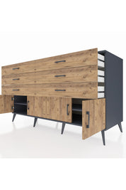 Kronos Konsol 2 Raflı 6 Çekmeceli 4 Kapaklı 176x59x99 Antrasit-Çam