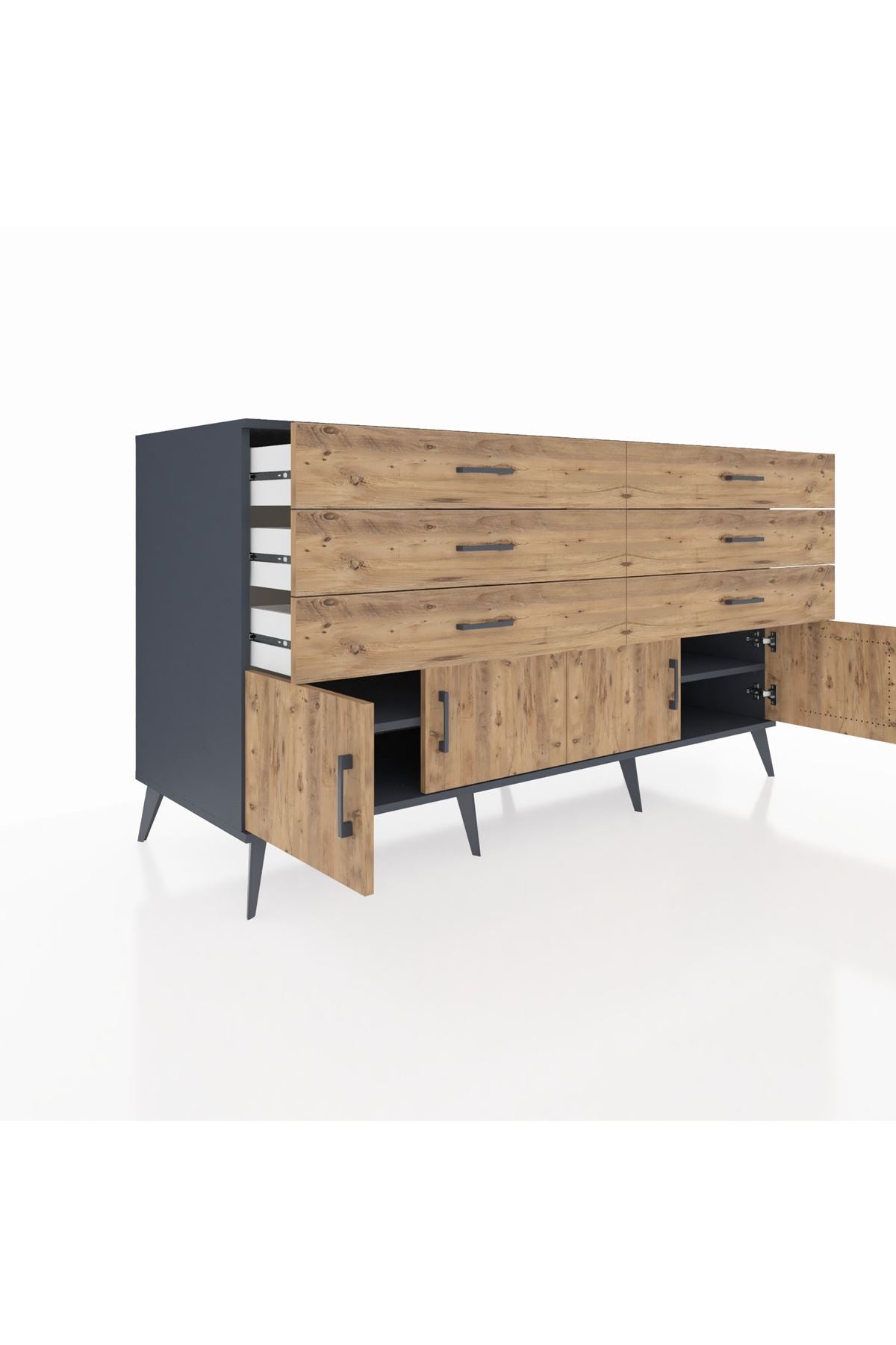 Kronos Konsol 2 Raflı 6 Çekmeceli 4 Kapaklı 176x59x99 Antrasit-Çam