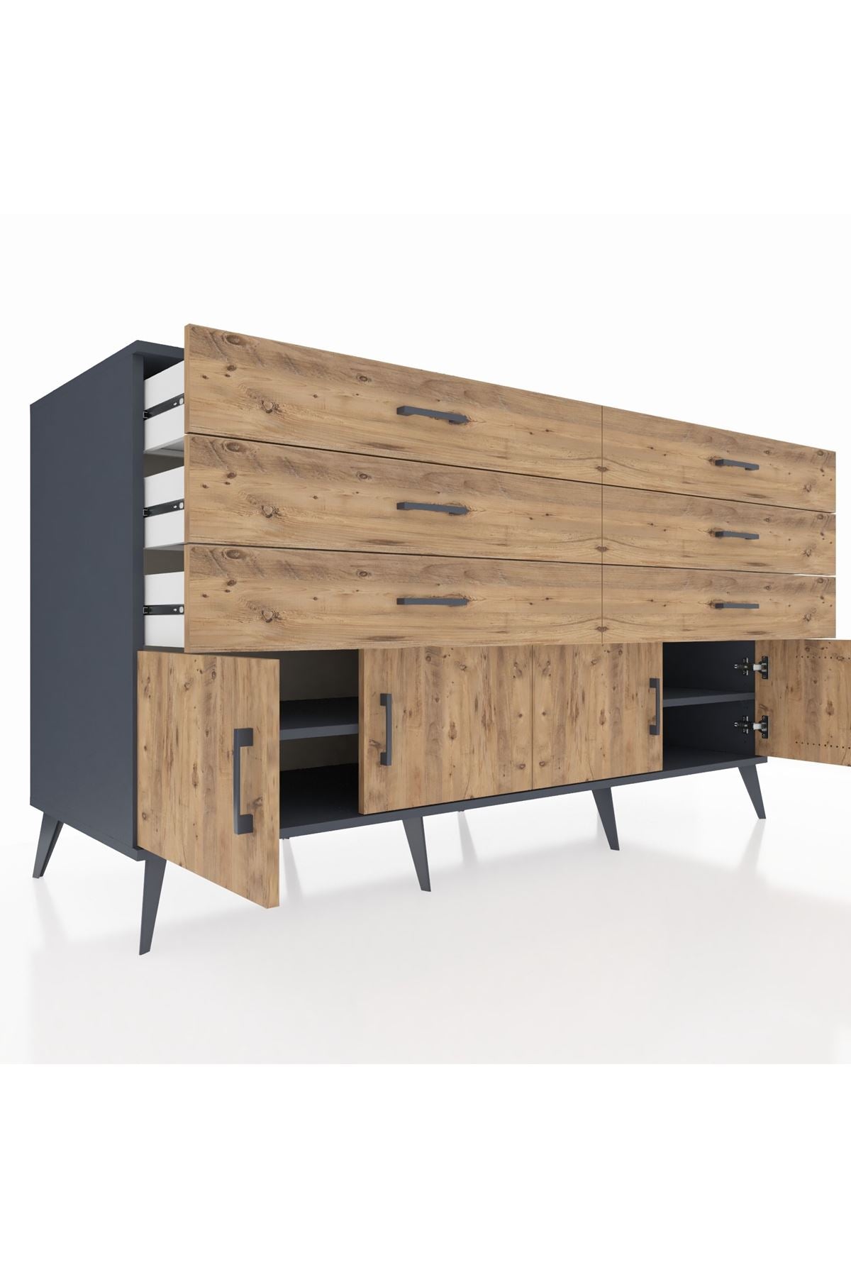 Kronos Konsol 2 Raflı 6 Çekmeceli 4 Kapaklı 176x59x99 Antrasit-Çam