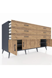 Kronos Konsol 2 Raflı 6 Çekmeceli 4 Kapaklı 176x59x99 Antrasit-Çam