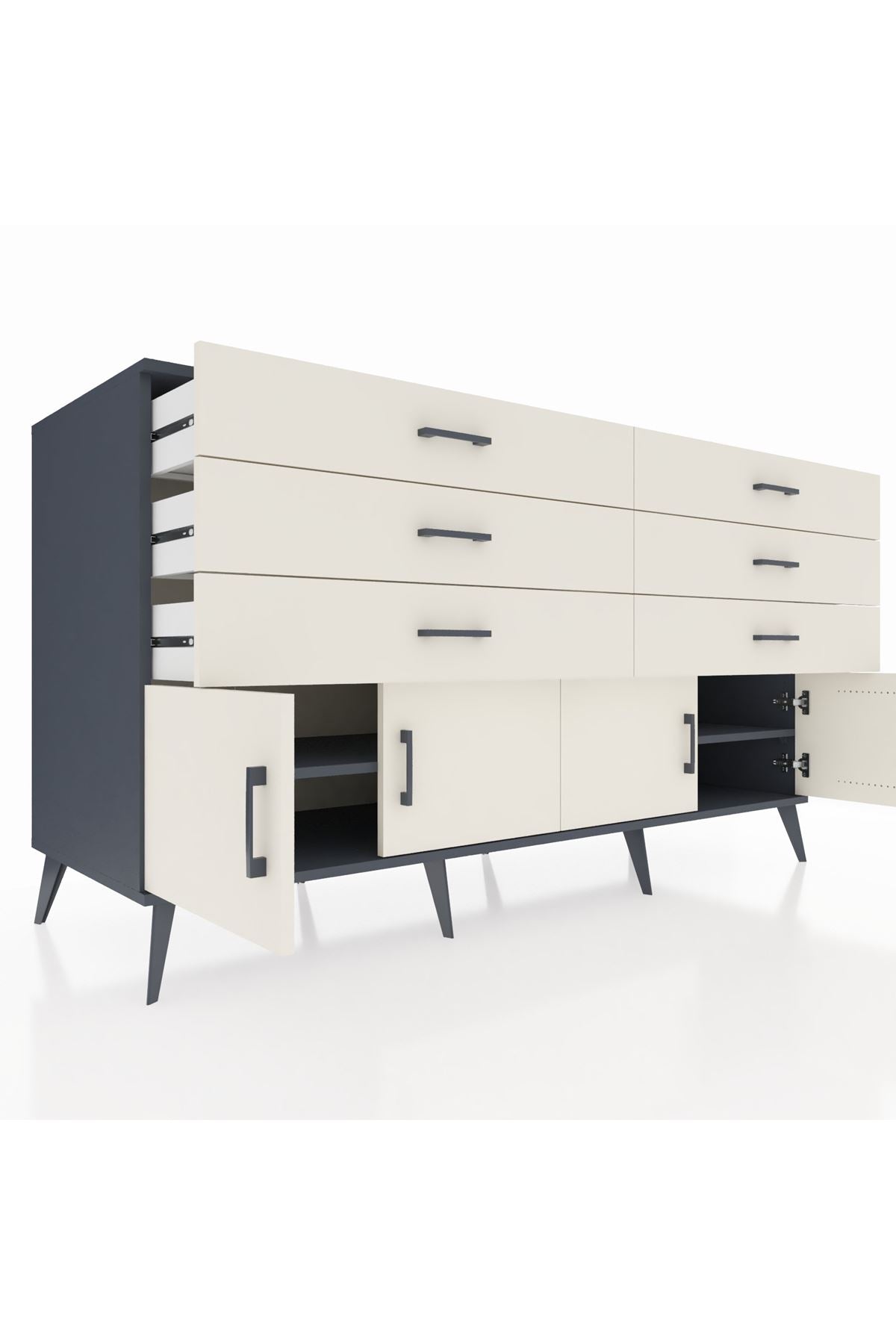 Kronos Konsol 2 Raflı 6 Çekmeceli 4 Kapaklı 176x59x99 Antrasit-Aytaşı