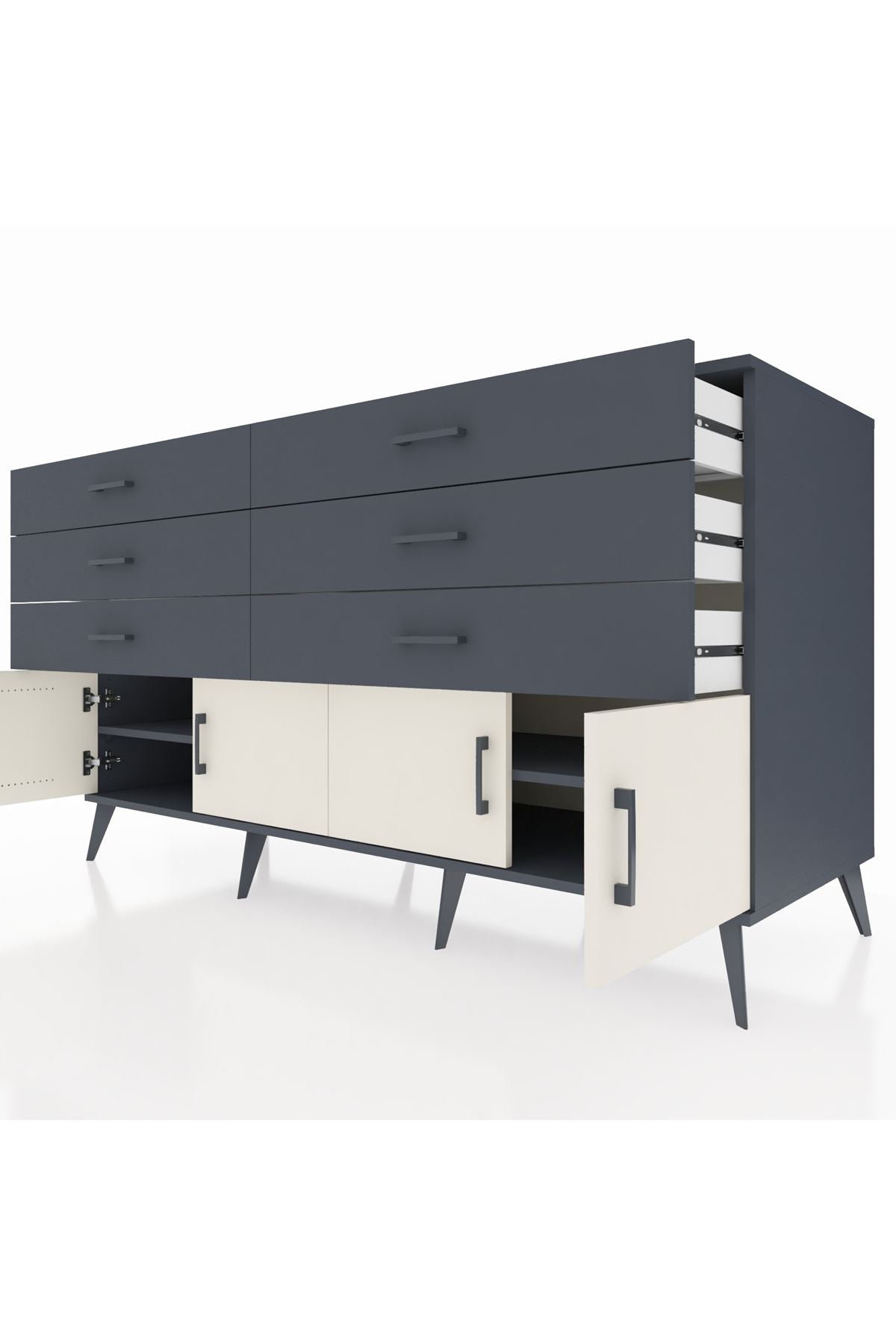 Kronos Konsol 2 Raflı 6 Çekmeceli 4 Kapaklı 176x59x99 Antrasit-Aytaşı/Antrasit