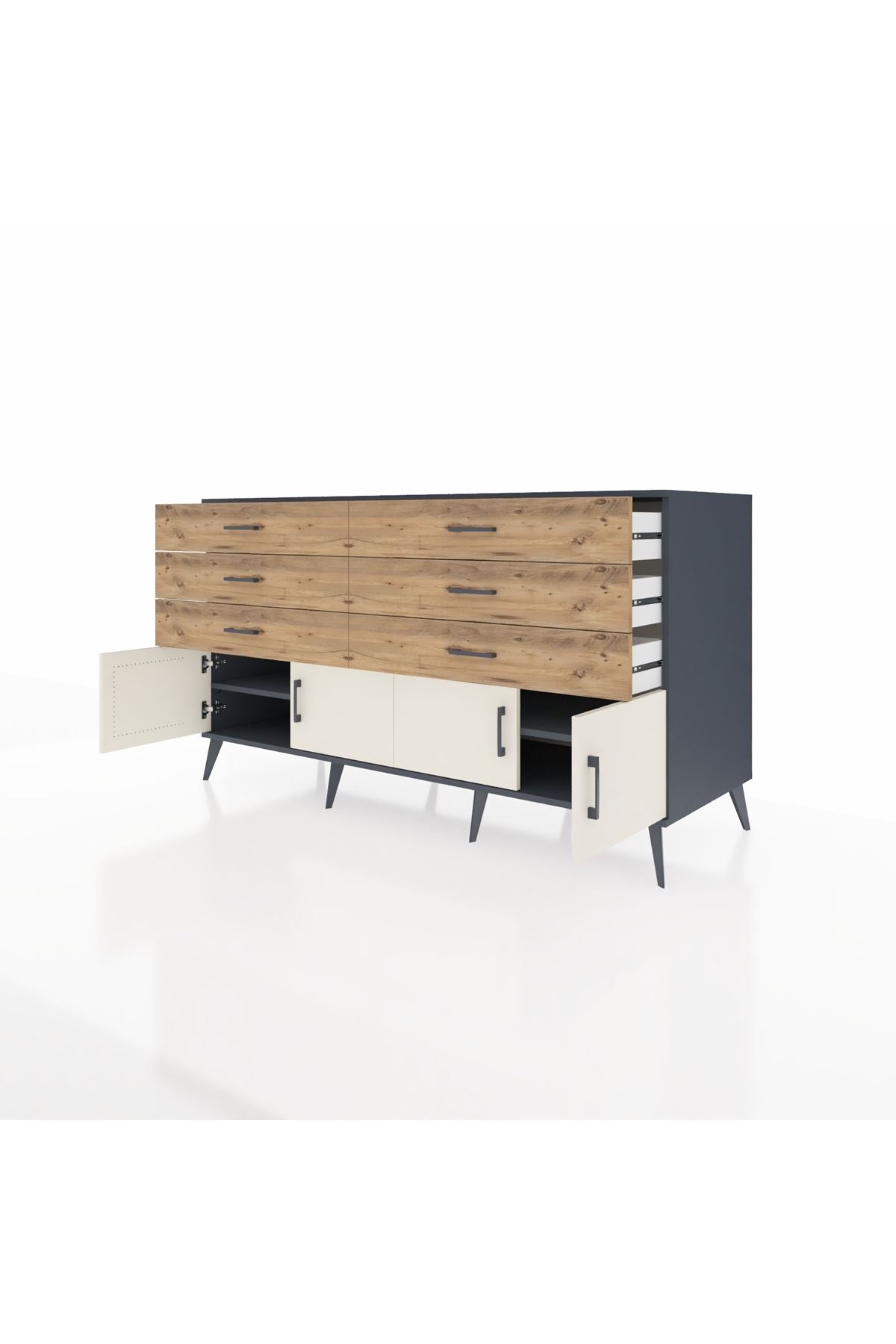 Kronos Konsol 2 Raflı 6 Çekmeceli 4 Kapaklı 176x59x99 Antrasit-Aytaşı/Çam