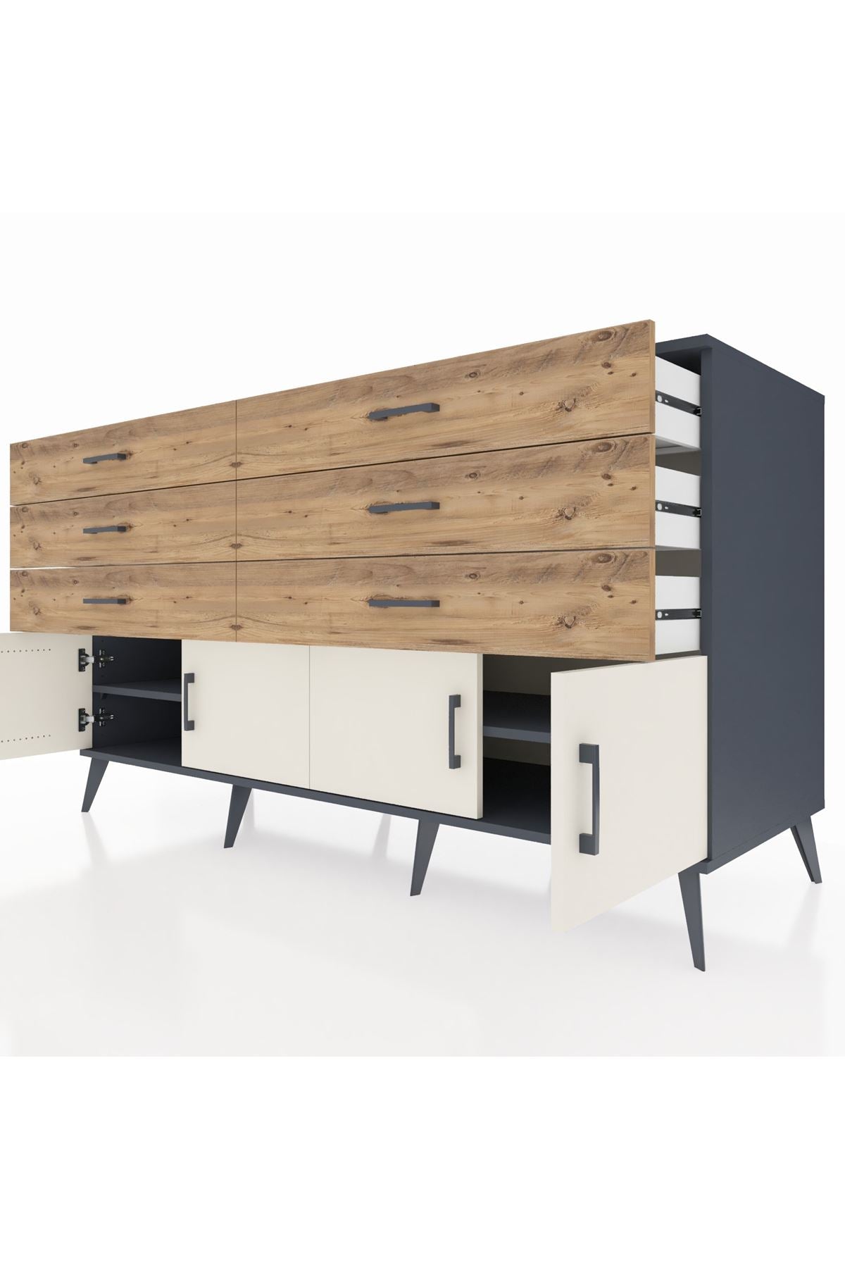 Kronos Konsol 2 Raflı 6 Çekmeceli 4 Kapaklı 176x59x99 Antrasit-Aytaşı/Çam