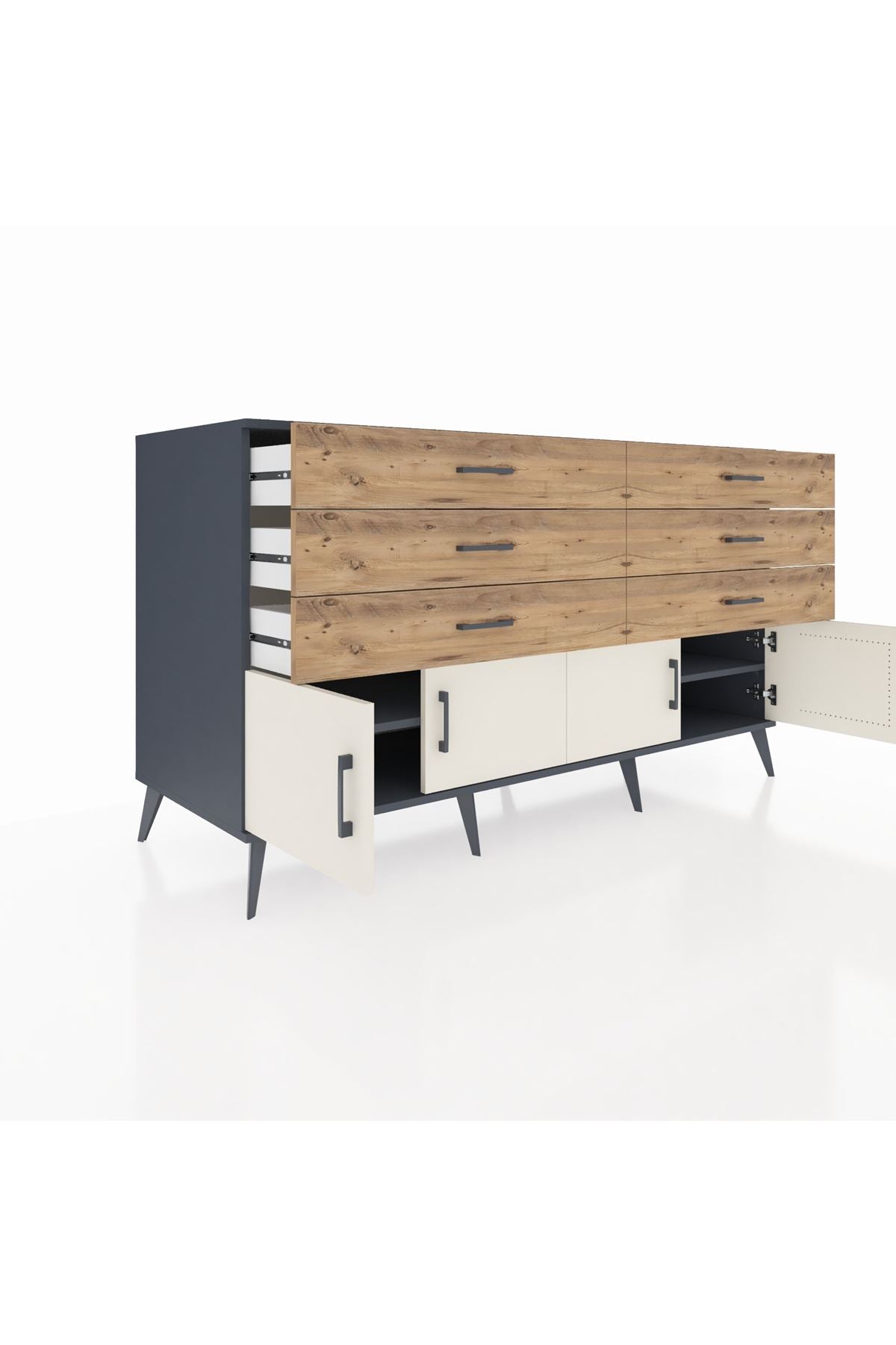 Kronos Konsol 2 Raflı 6 Çekmeceli 4 Kapaklı 176x59x99 Antrasit-Aytaşı/Çam