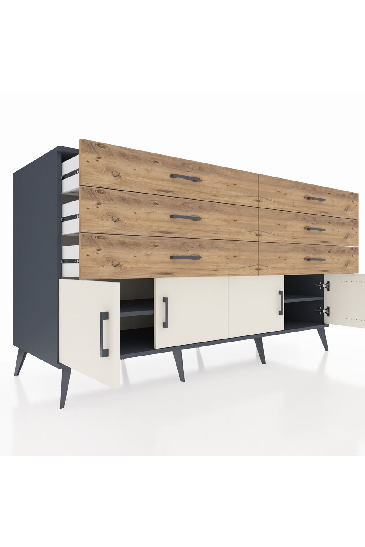 Kronos Konsol 2 Raflı 6 Çekmeceli 4 Kapaklı 176x59x99 Antrasit-Aytaşı/Çam