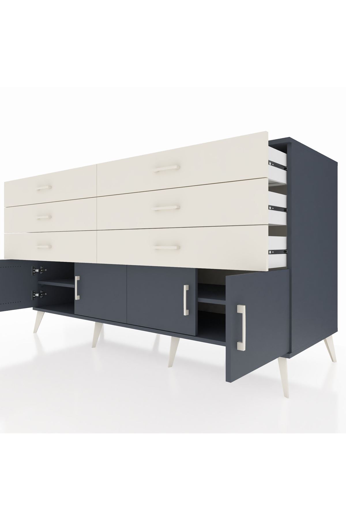 Kronos Konsol 2 Raflı 6 Çekmeceli 4 Kapaklı 176x59x99 Antrasit-Antrasit/Aytaşı