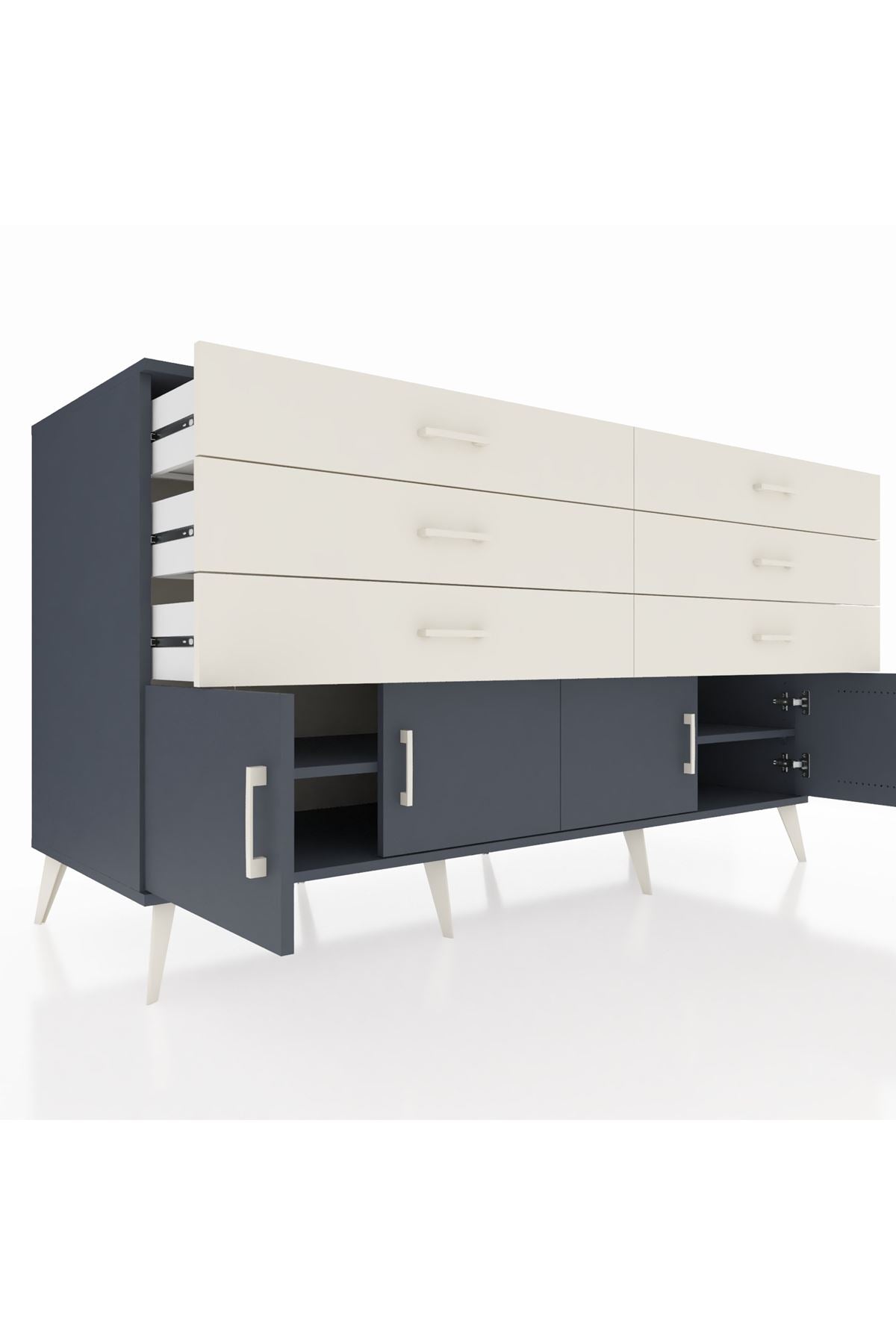 Kronos Konsol 2 Raflı 6 Çekmeceli 4 Kapaklı 176x59x99 Antrasit-Antrasit/Aytaşı