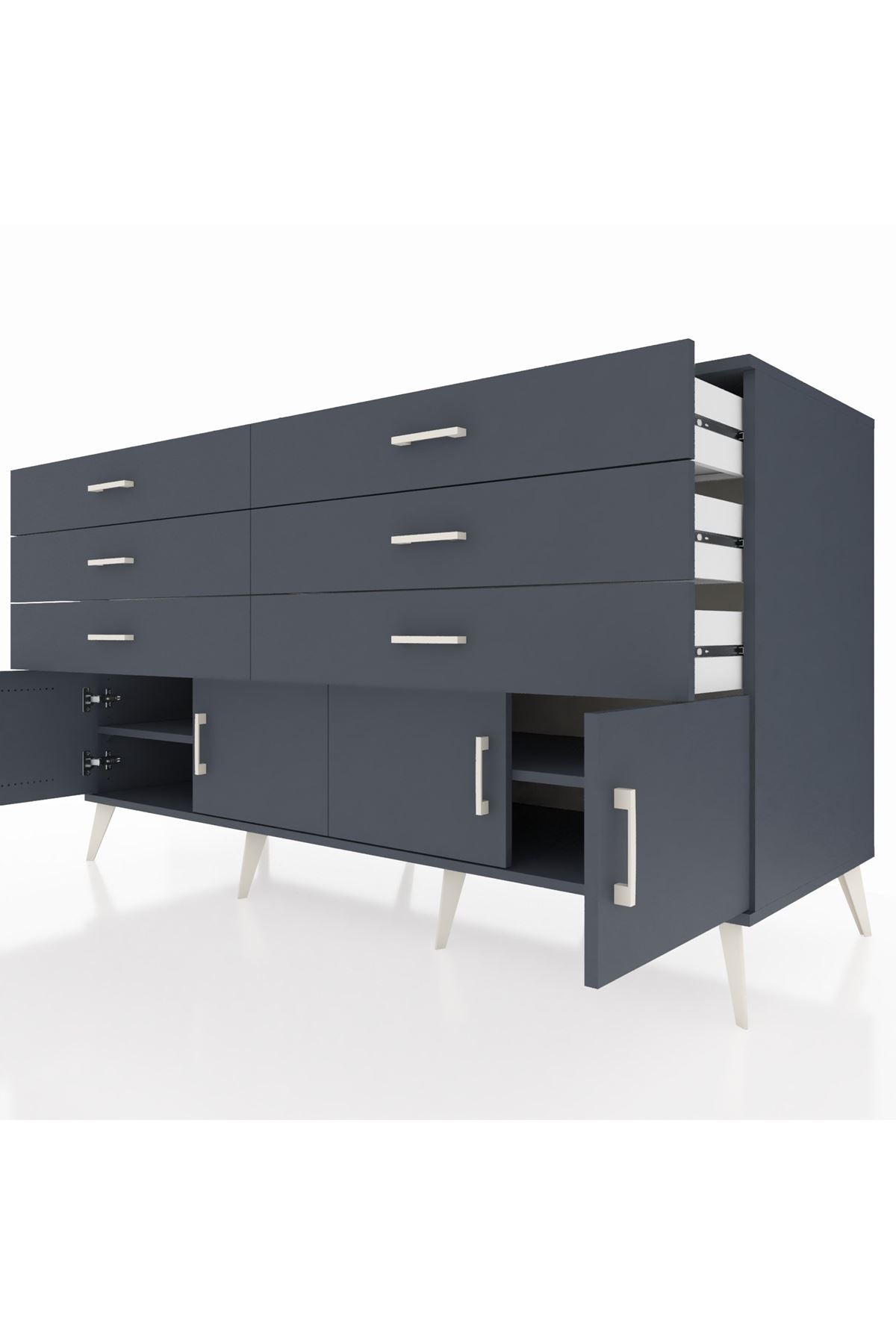 Kronos Konsol 2 Raflı 6 Çekmeceli 4 Kapaklı 176x59x99 Antrasit-Antrasit