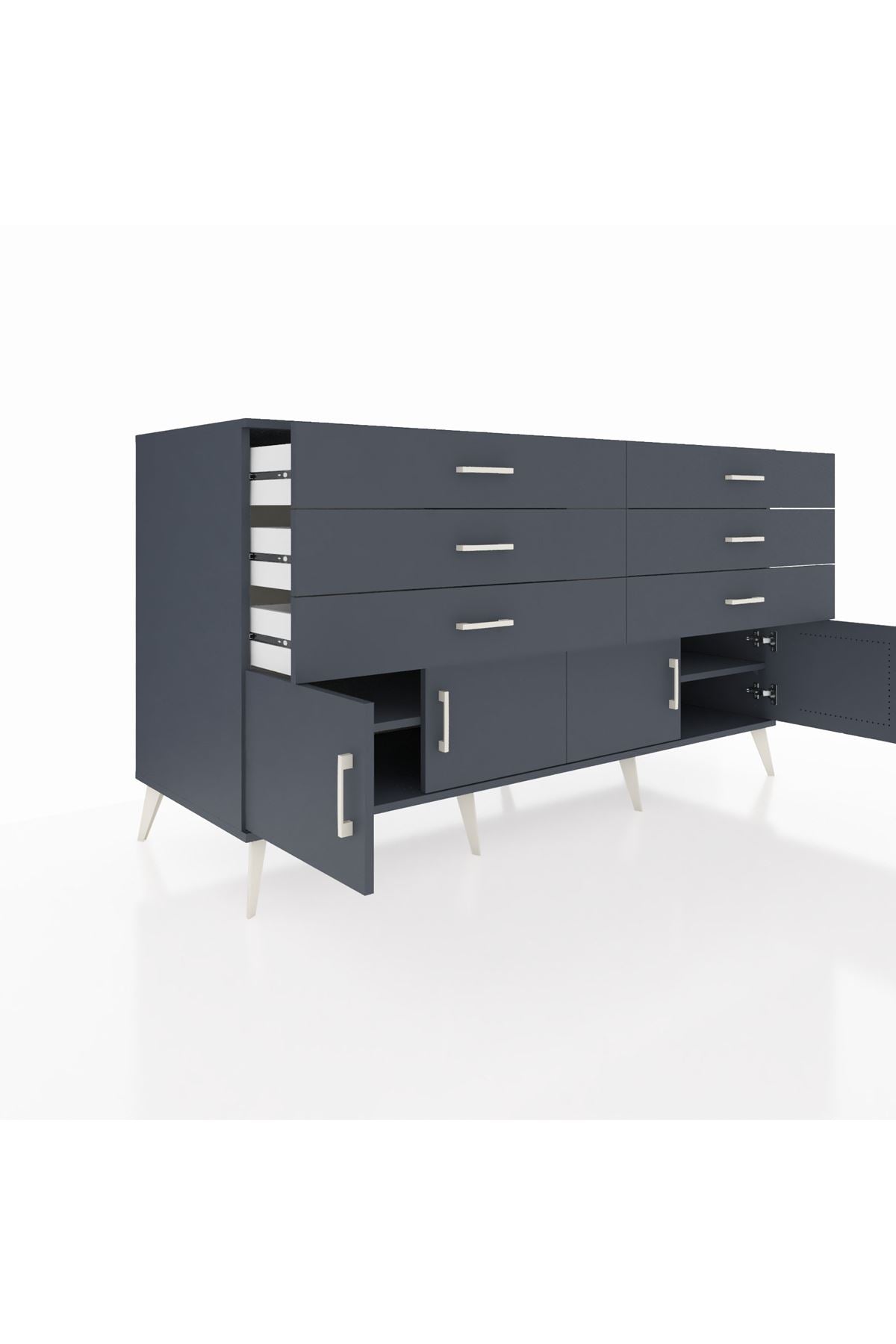 Kronos Konsol 2 Raflı 6 Çekmeceli 4 Kapaklı 176x59x99 Antrasit-Antrasit