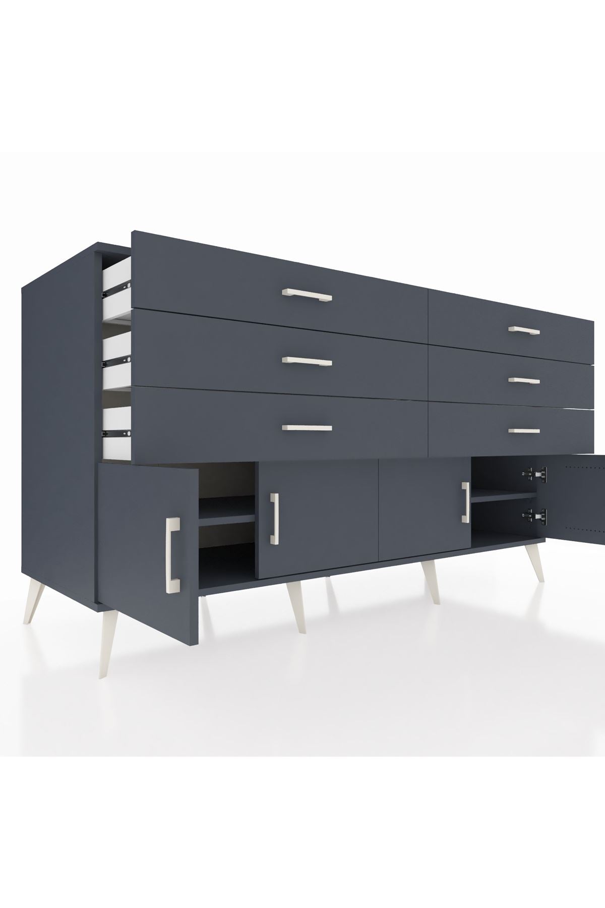 Kronos Konsol 2 Raflı 6 Çekmeceli 4 Kapaklı 176x59x99 Antrasit-Antrasit