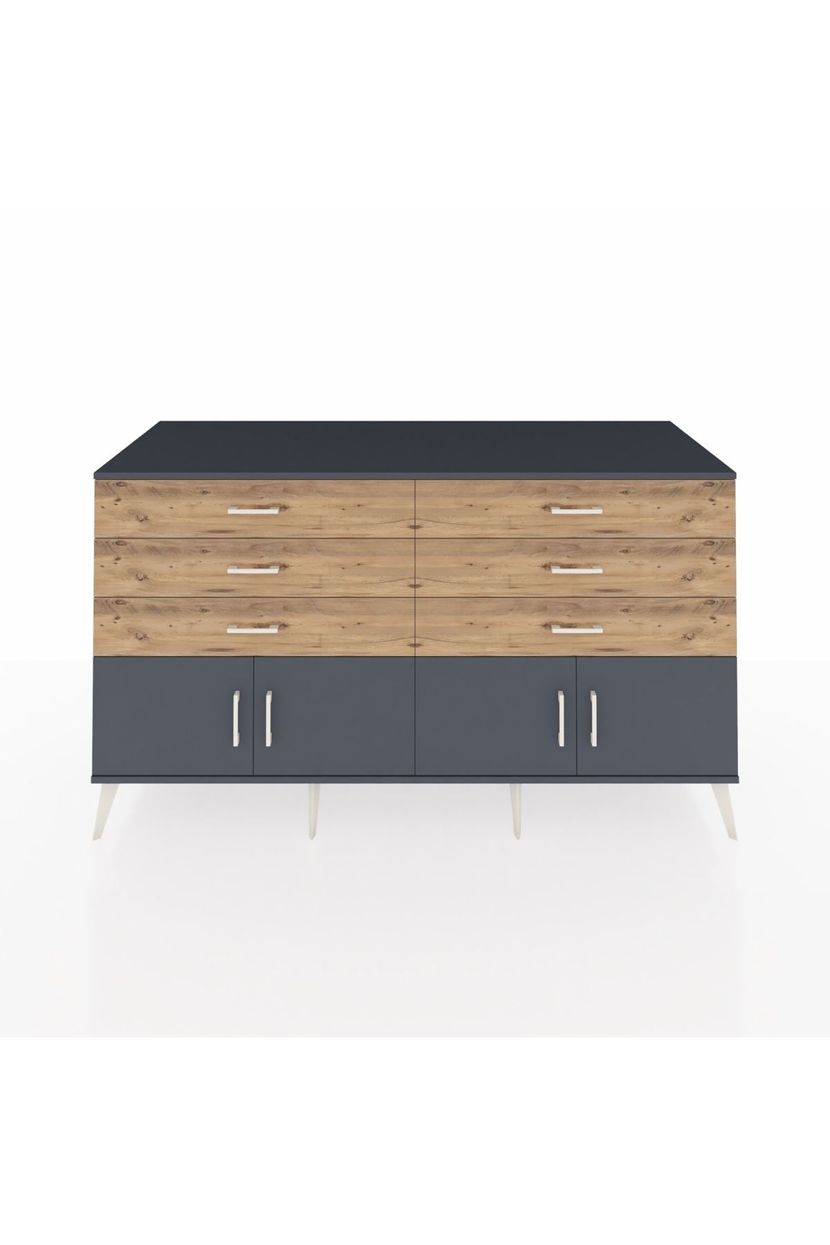 Kronos Konsol 2 Raflı 6 Çekmeceli 4 Kapaklı 176x59x99 Antrasit-Antrasit/Çam