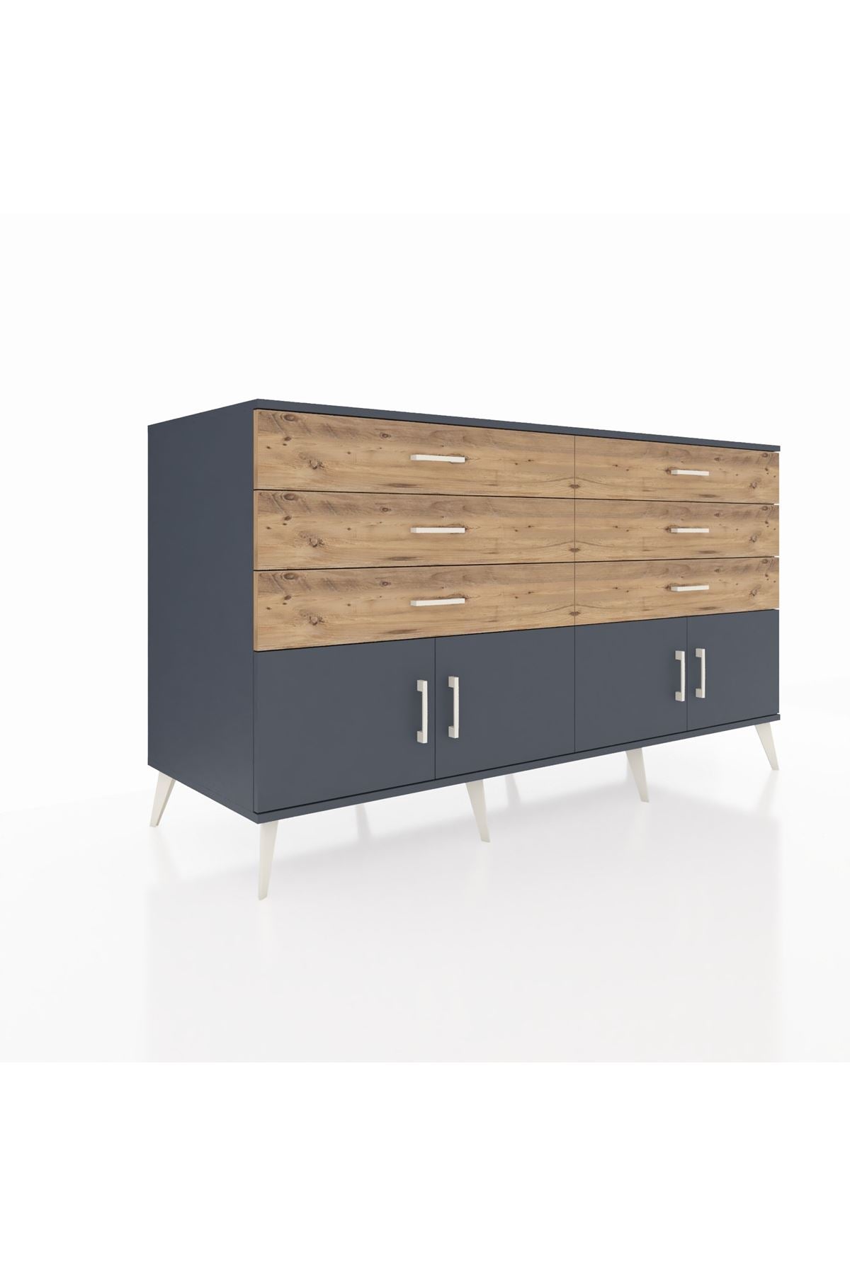 Kronos Konsol 2 Raflı 6 Çekmeceli 4 Kapaklı 176x59x99 Antrasit-Antrasit/Çam