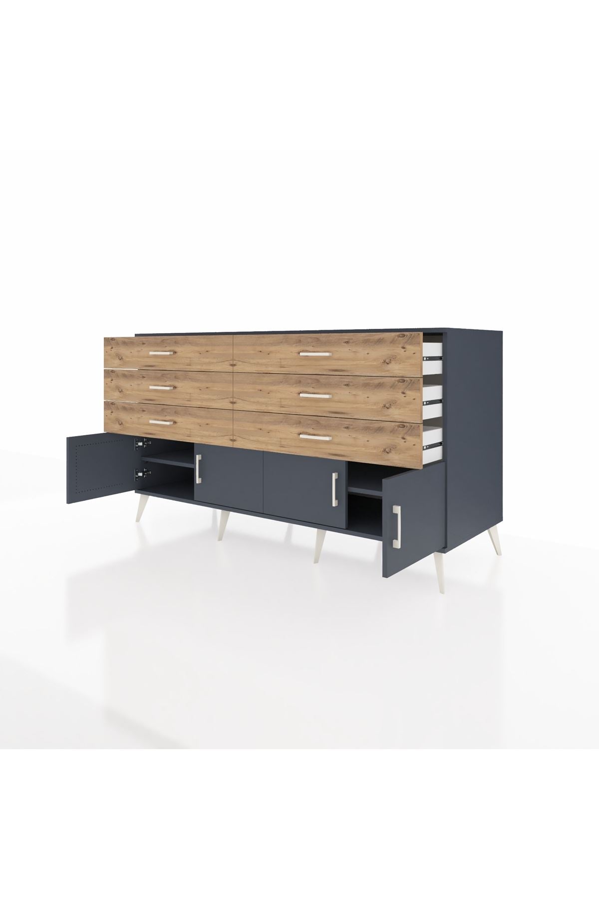 Kronos Konsol 2 Raflı 6 Çekmeceli 4 Kapaklı 176x59x99 Antrasit-Antrasit/Çam