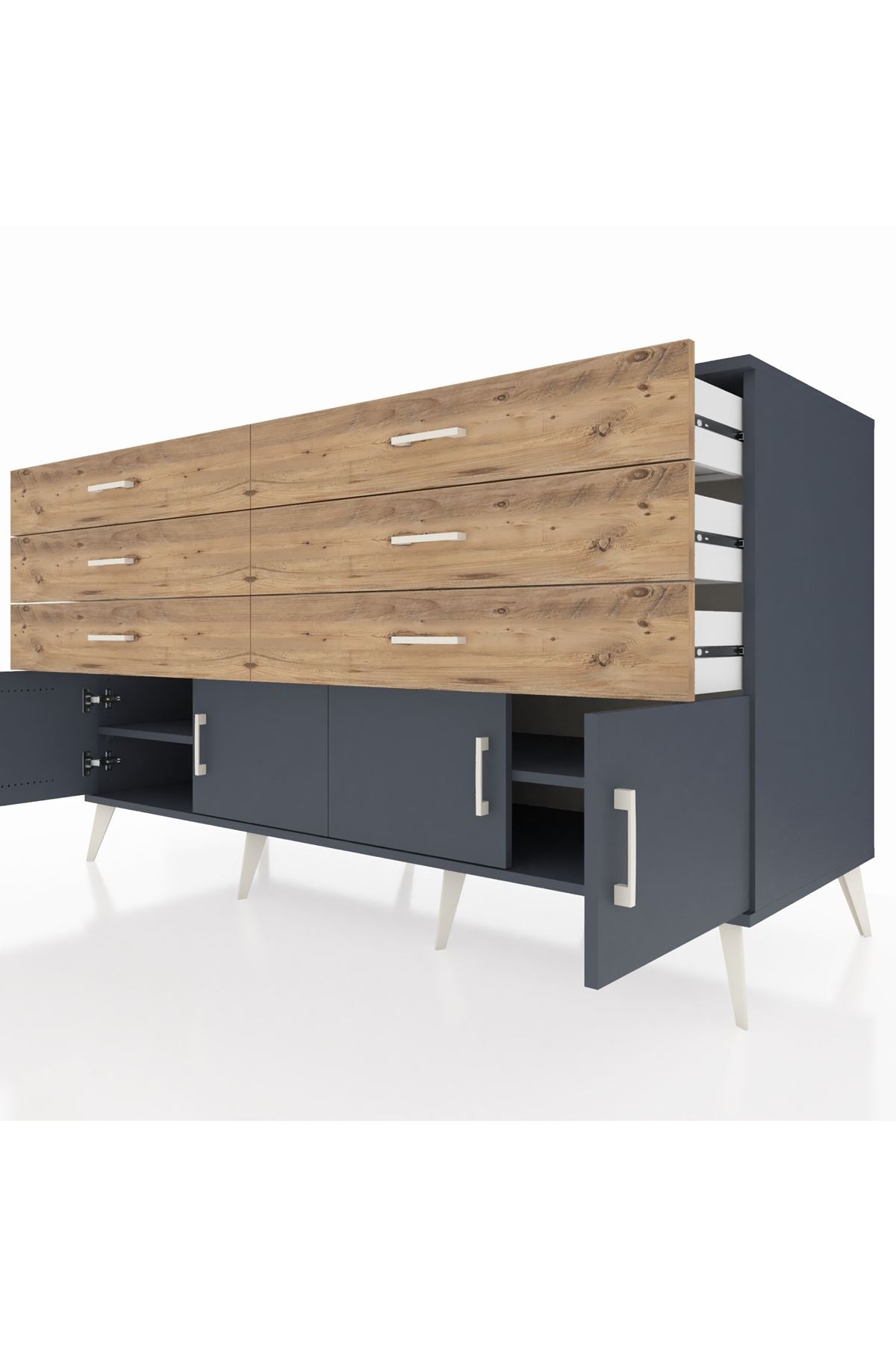 Kronos Konsol 2 Raflı 6 Çekmeceli 4 Kapaklı 176x59x99 Antrasit-Antrasit/Çam