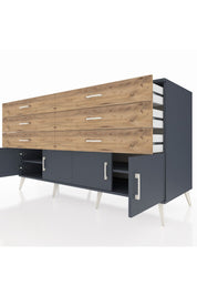 Kronos Konsol 2 Raflı 6 Çekmeceli 4 Kapaklı 176x59x99 Antrasit-Antrasit/Çam