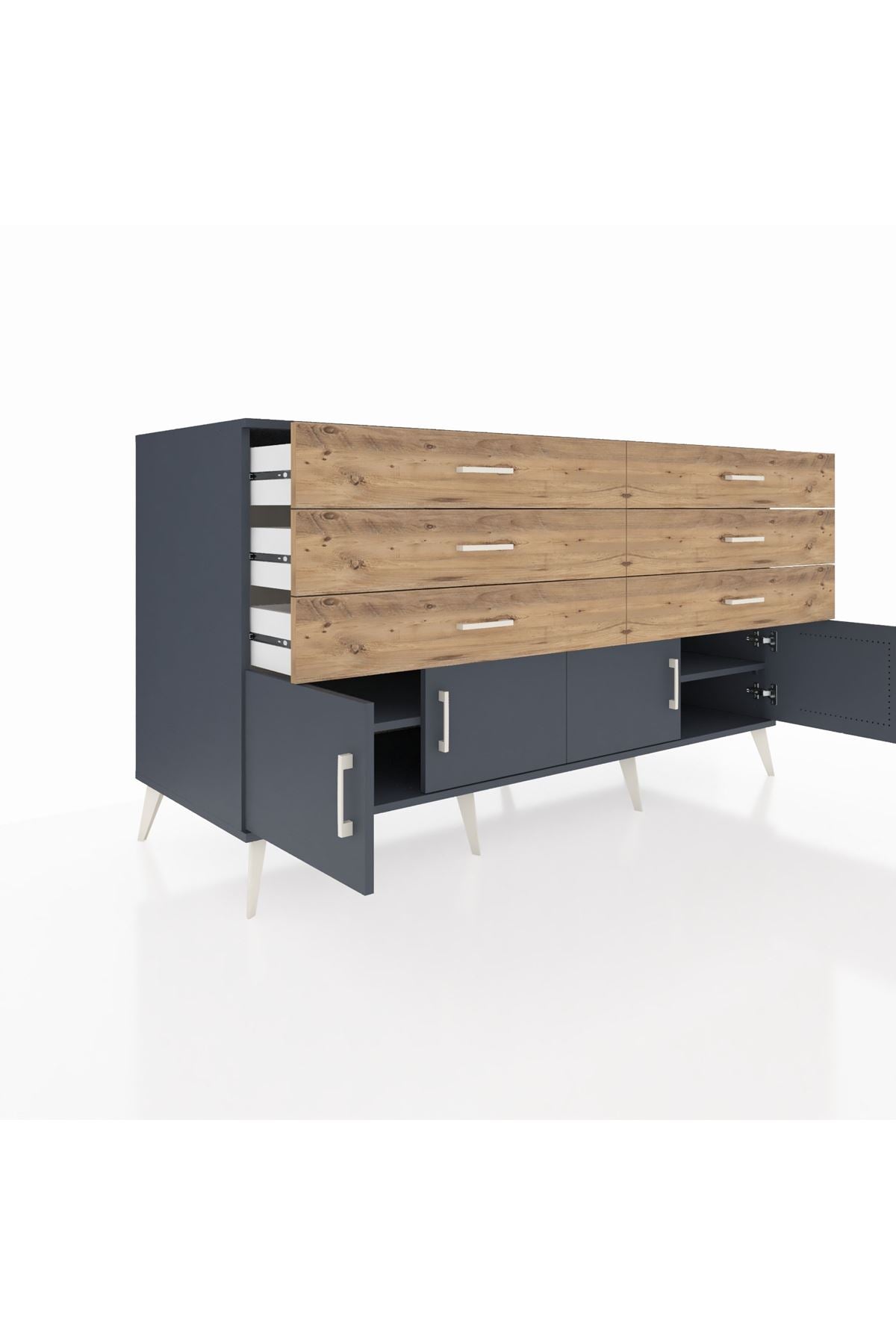 Kronos Konsol 2 Raflı 6 Çekmeceli 4 Kapaklı 176x59x99 Antrasit-Antrasit/Çam