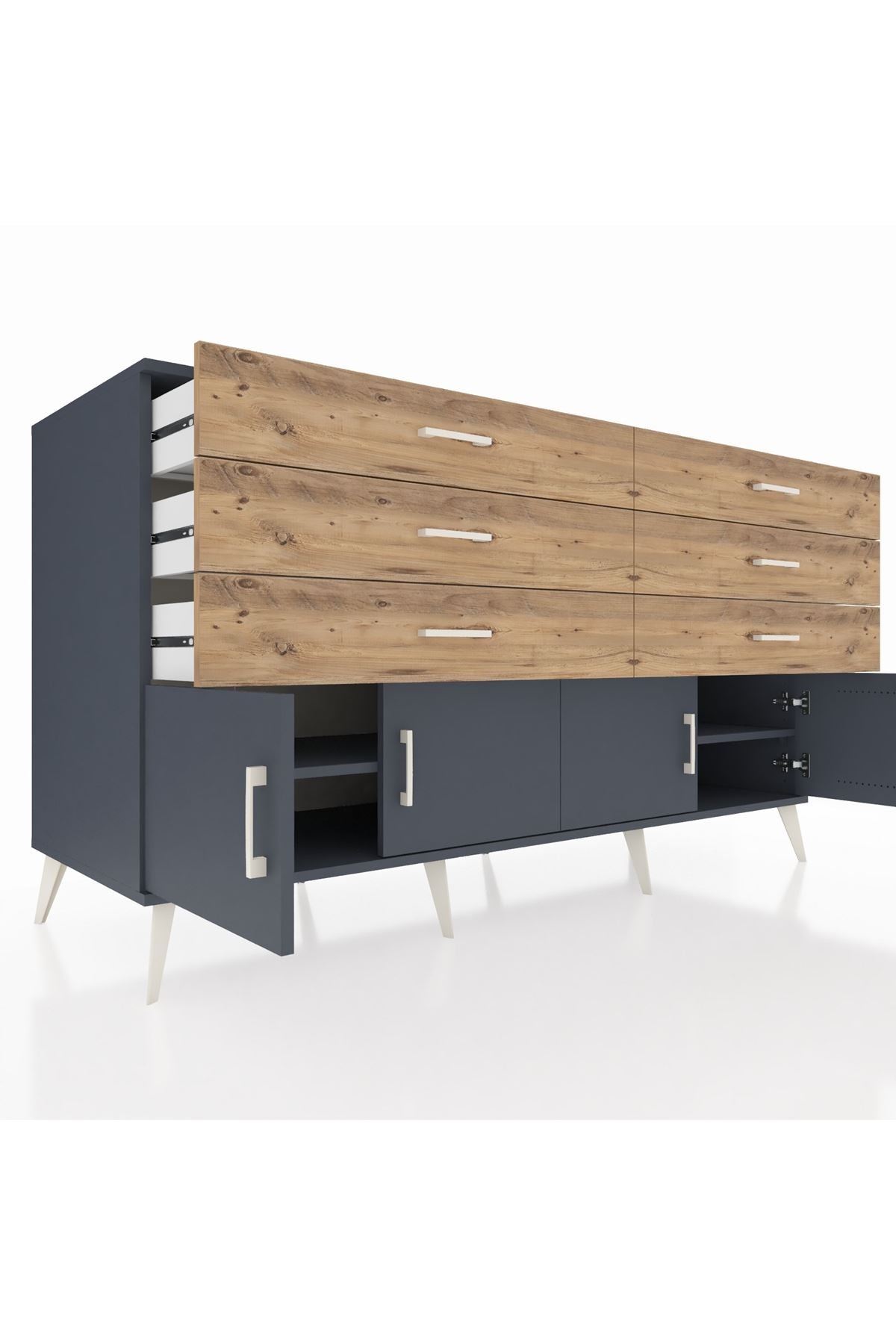 Kronos Konsol 2 Raflı 6 Çekmeceli 4 Kapaklı 176x59x99 Antrasit-Antrasit/Çam