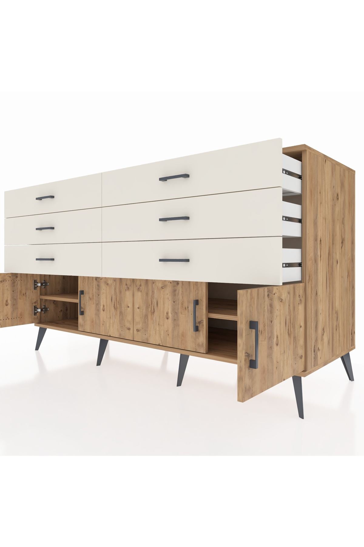 Kronos Konsol 2 Raflı 6 Çekmeceli 4 Kapaklı 176x59x99 Çam-Çam/Aytaşı