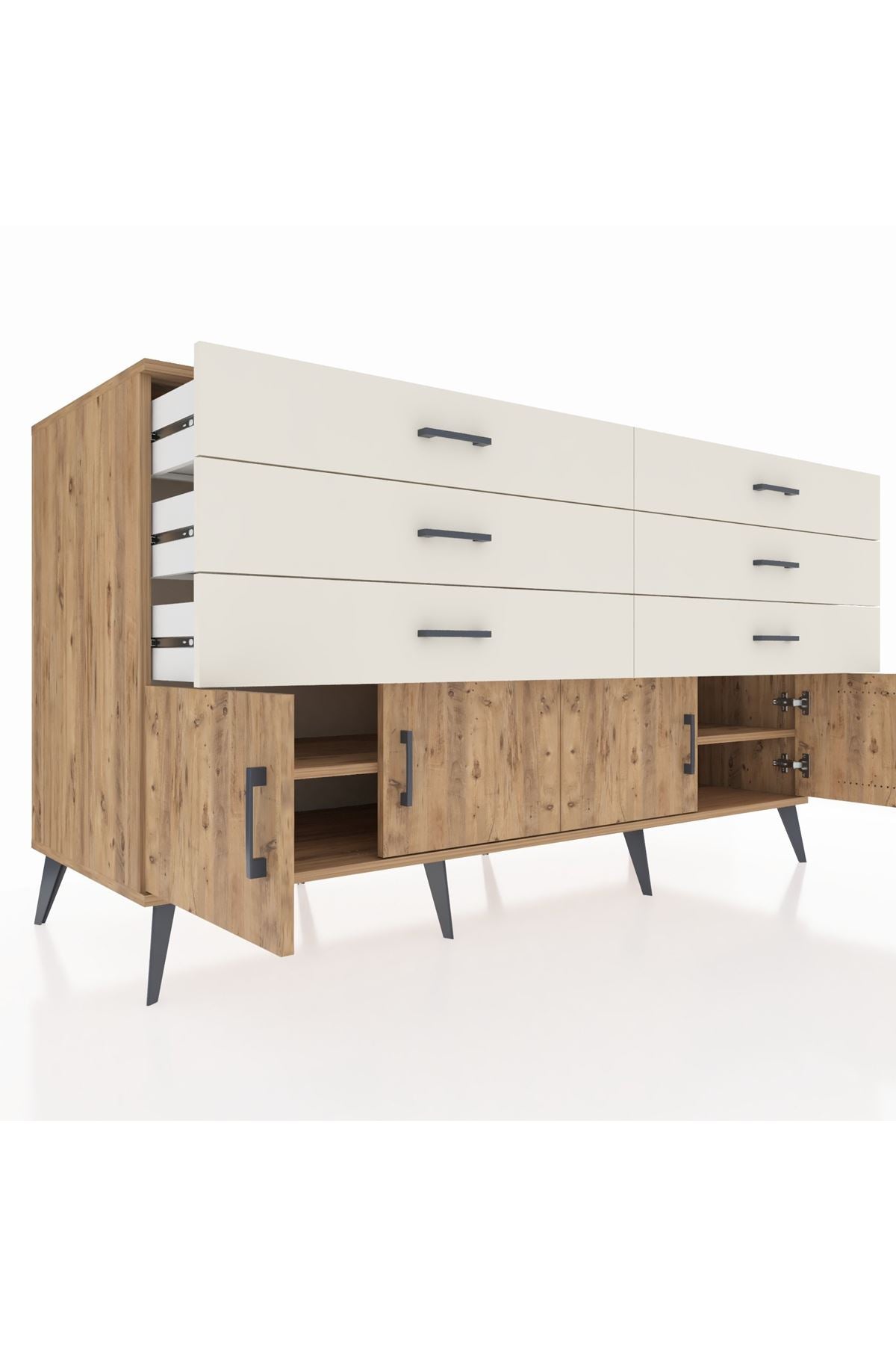 Kronos Konsol 2 Raflı 6 Çekmeceli 4 Kapaklı 176x59x99 Çam-Çam/Aytaşı