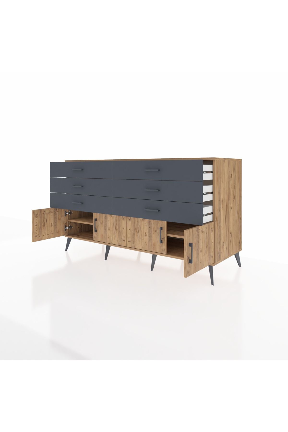 Kronos Konsol 2 Raflı 6 Çekmeceli 4 Kapaklı 176x59x99 Çam-Çam/Antrasit