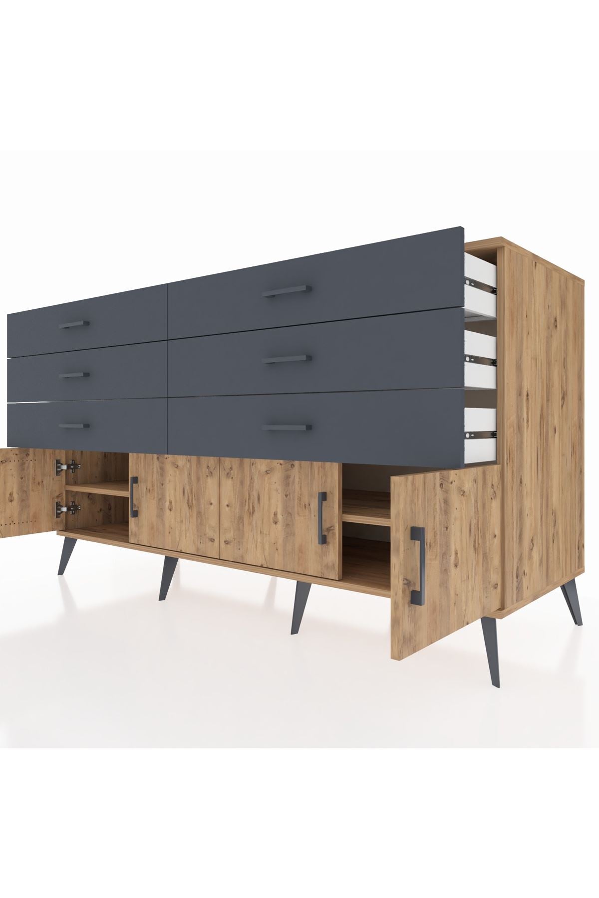 Kronos Konsol 2 Raflı 6 Çekmeceli 4 Kapaklı 176x59x99 Çam-Çam/Antrasit