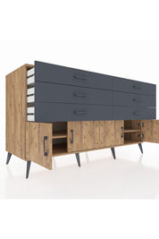 Kronos Konsol 2 Raflı 6 Çekmeceli 4 Kapaklı 176x59x99 Çam-Çam/Antrasit