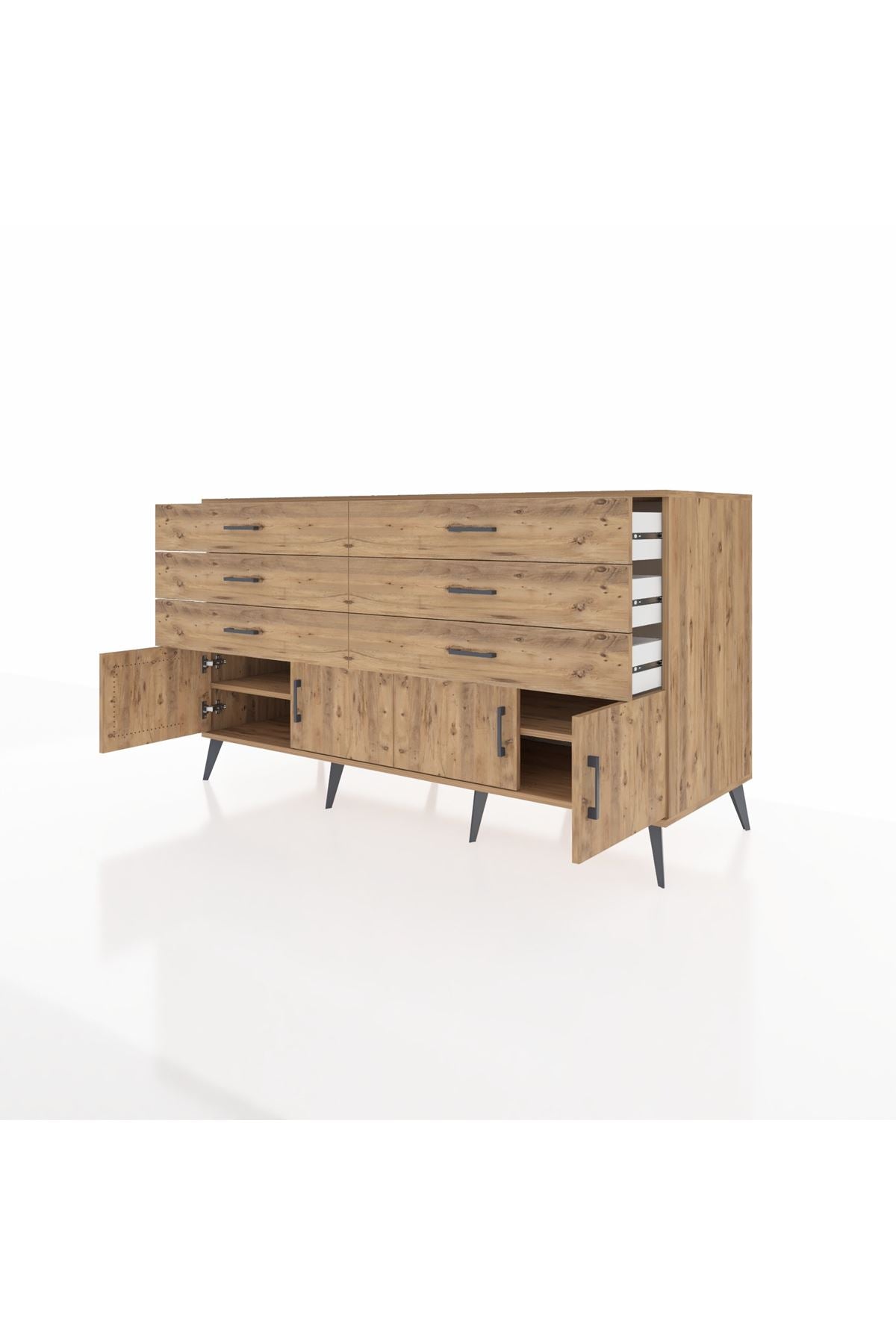 Kronos Konsol 2 Raflı 6 Çekmeceli 4 Kapaklı 176x59x99 Çam-Çam